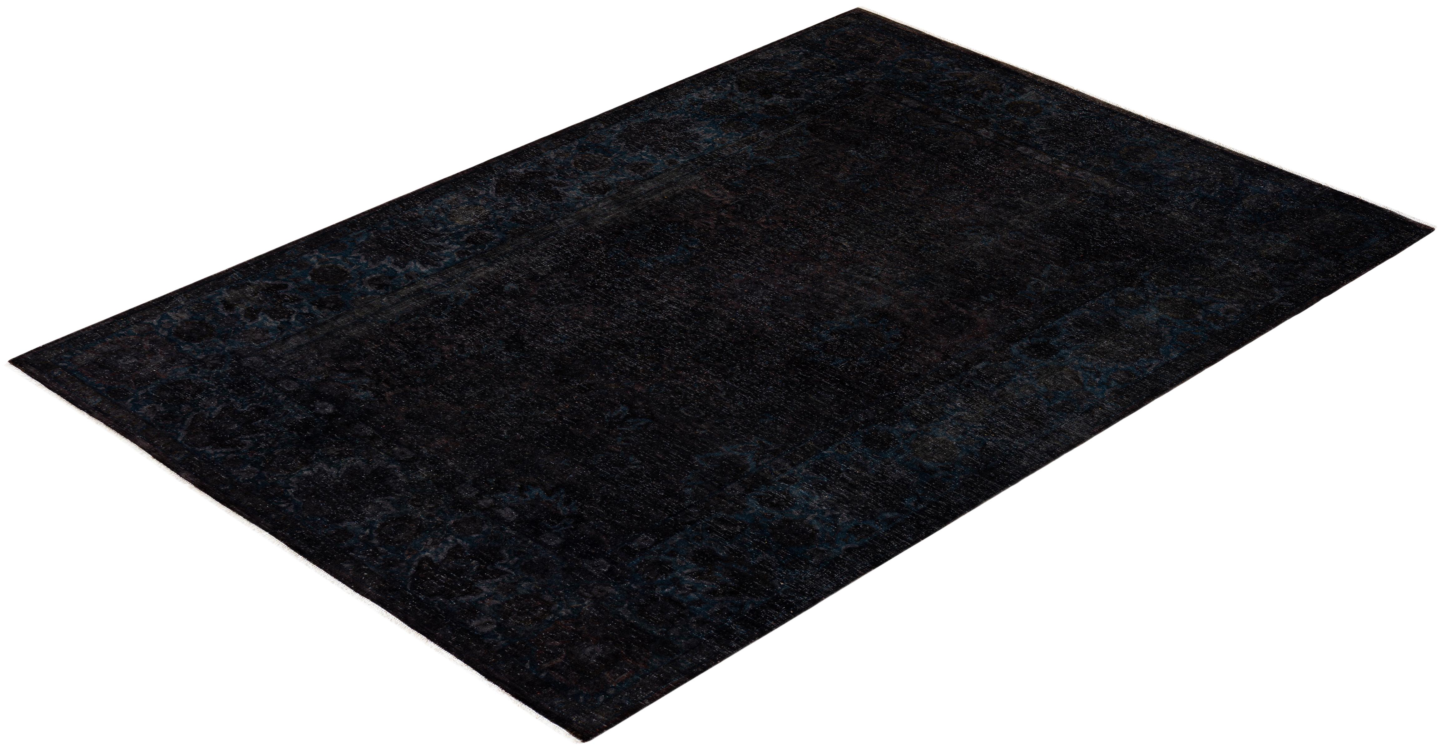 Contemporary Overdyed Hand Knotted Wool Black Area Rug For Sale 4