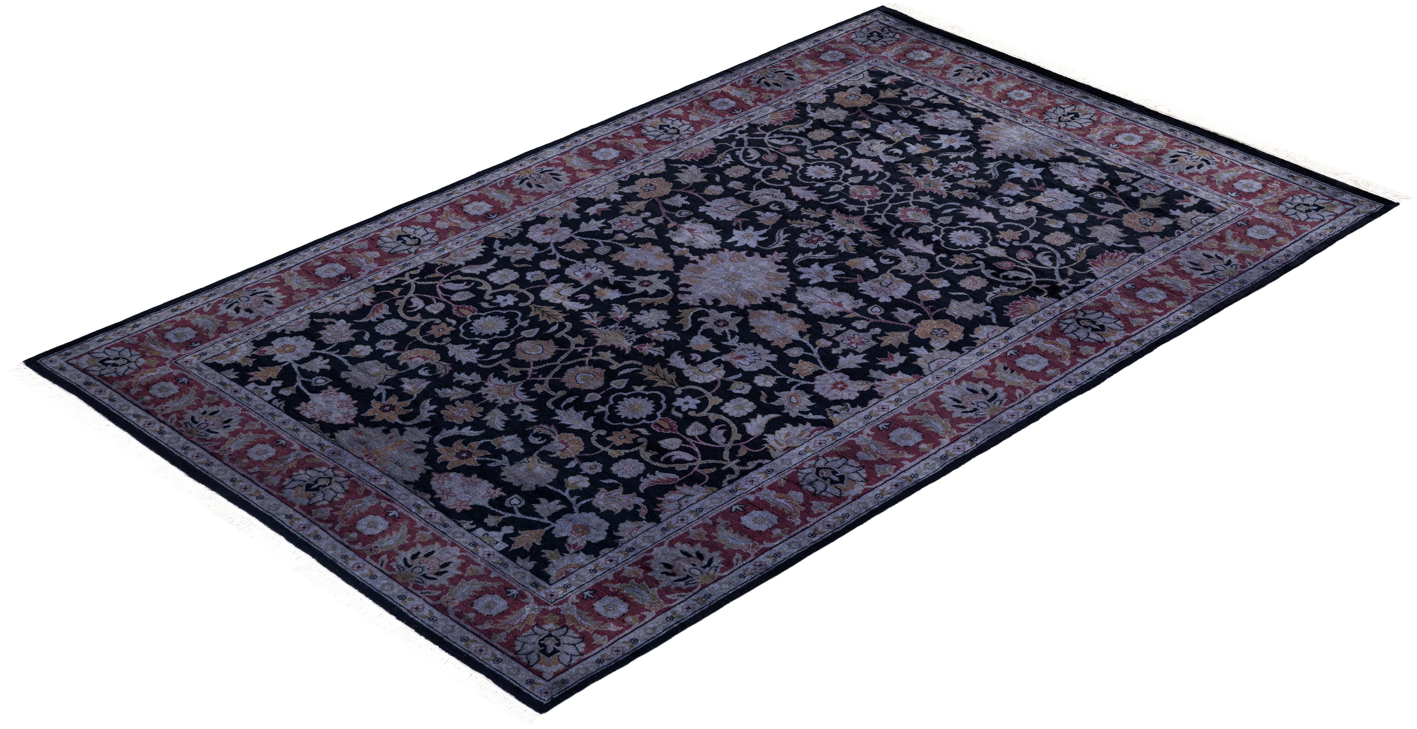 Contemporary Overdyed Hand Knotted Wool Black Area Rug For Sale 4