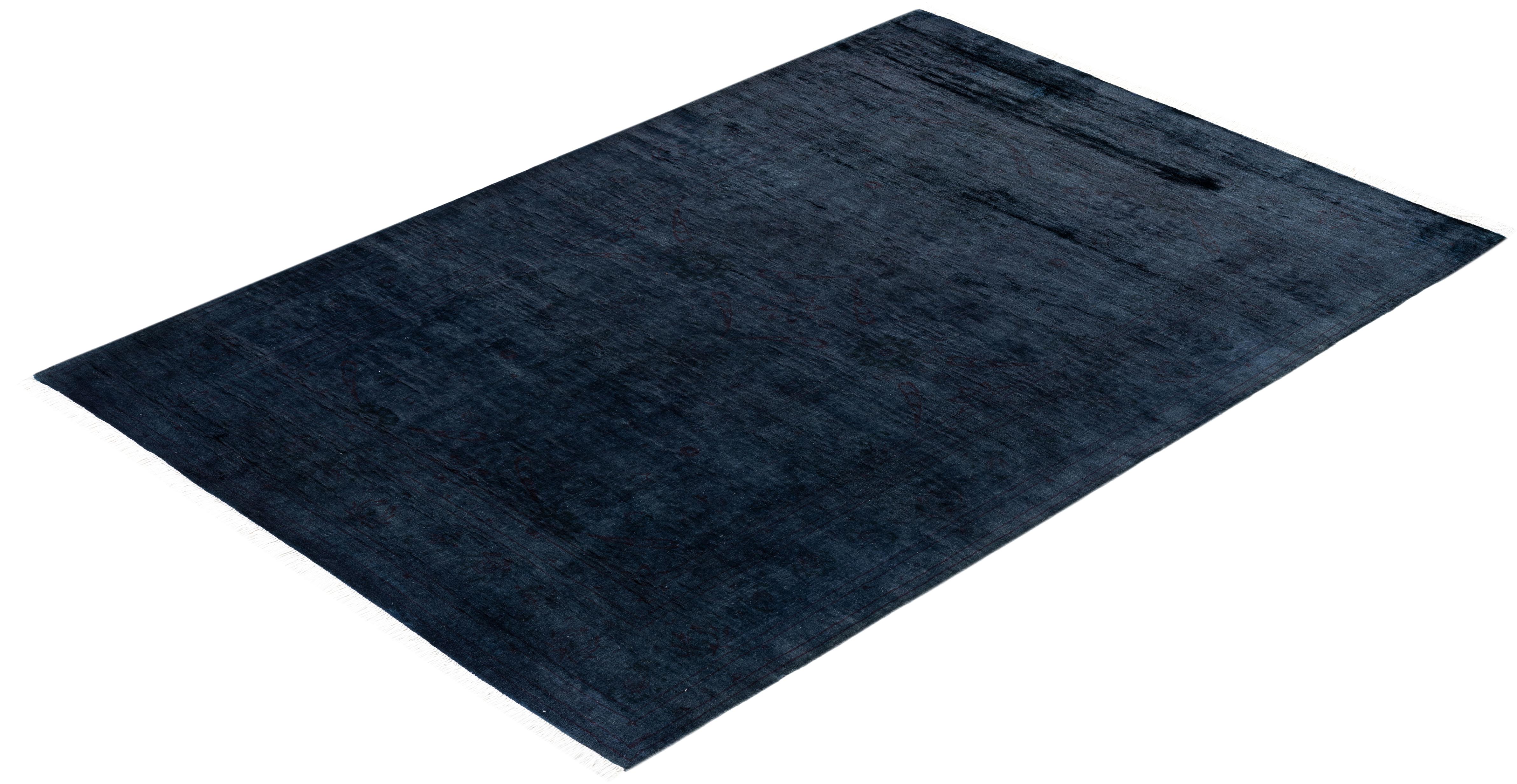 Contemporary Overdyed Hand Knotted Wool Black Area Rug For Sale 4