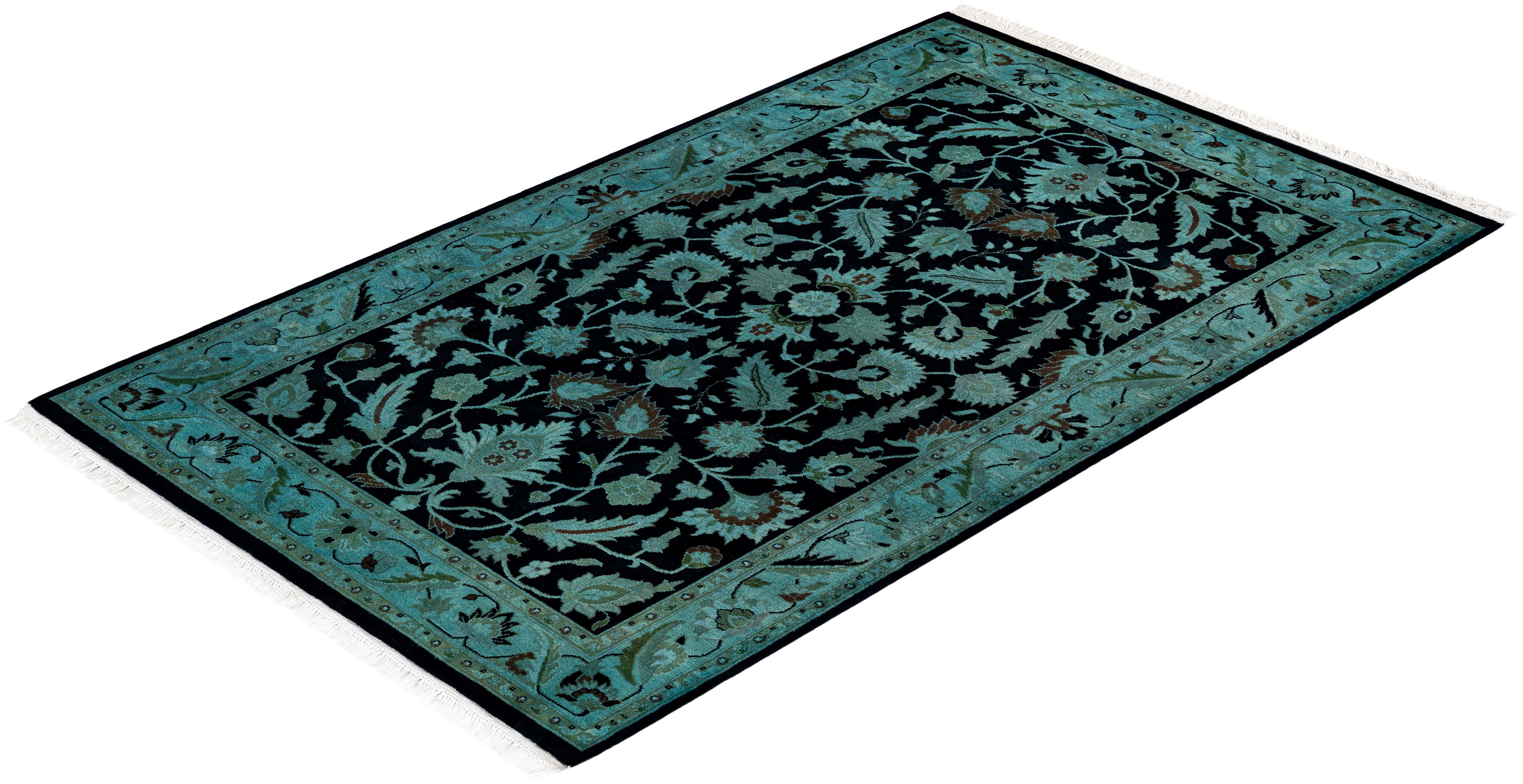 Contemporary Overdyed Hand Knotted Wool Black Area Rug For Sale 4