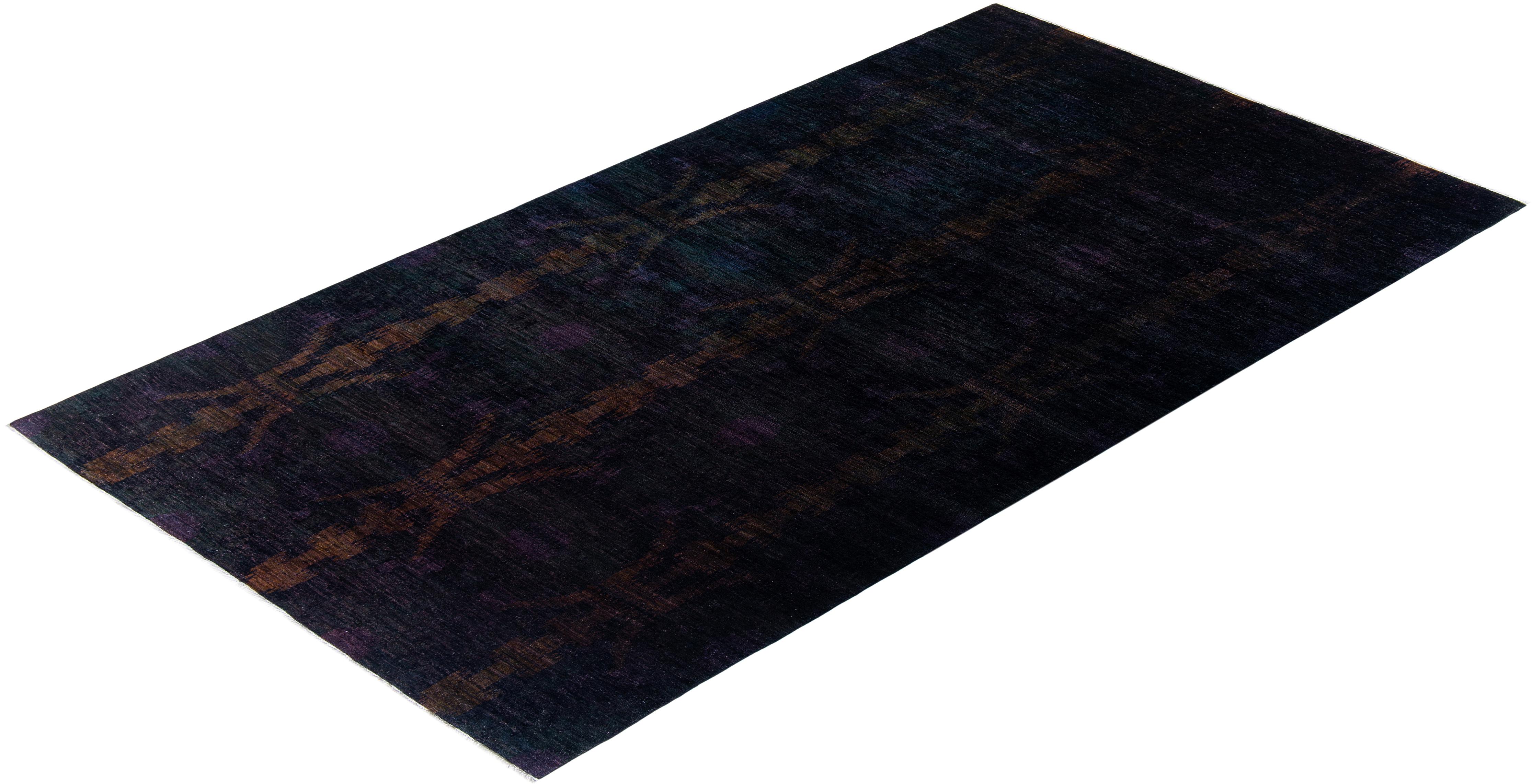 Contemporary Overdyed Hand Knotted Wool Black Area Rug For Sale 4