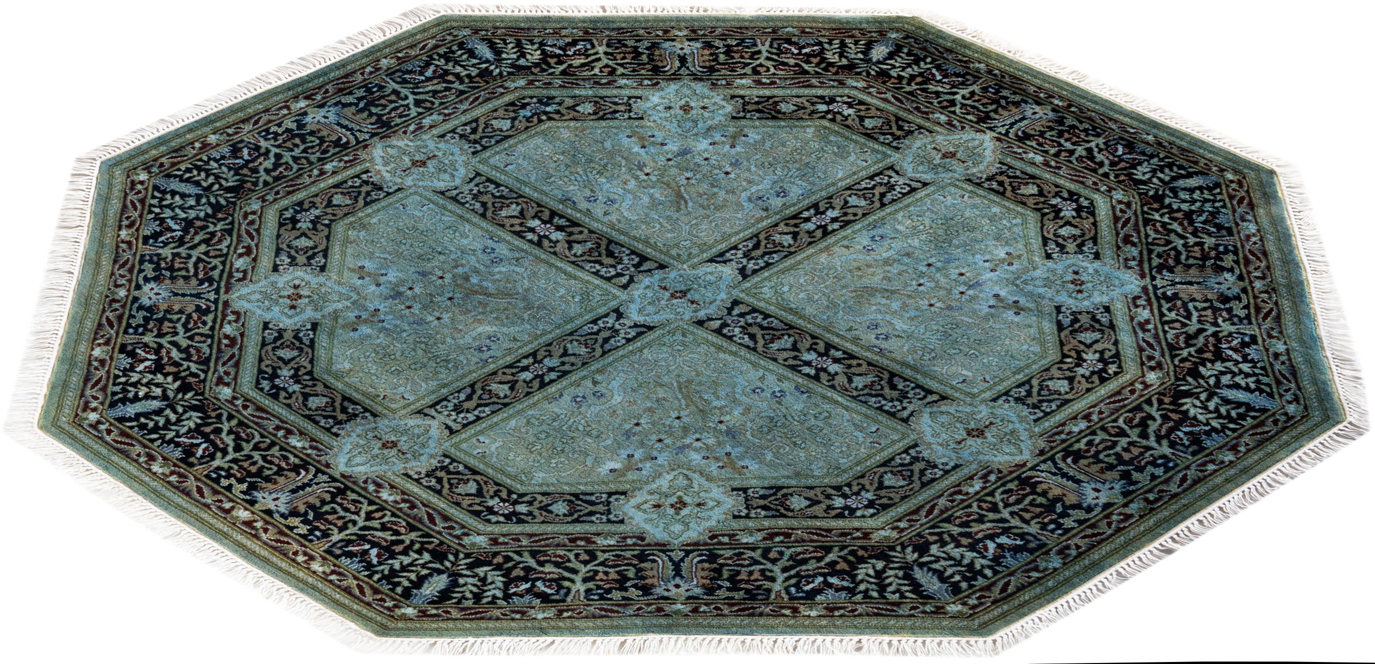 Contemporary Overdyed Hand Knotted Wool Black Octagon Area Rug For Sale 4