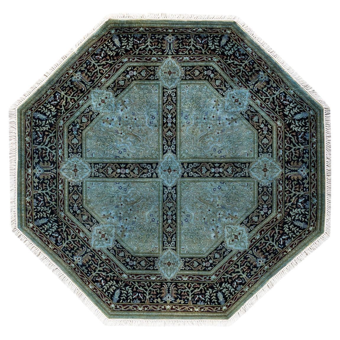 Contemporary Overdyed Hand Knotted Wool Black Octagon Area Rug For Sale