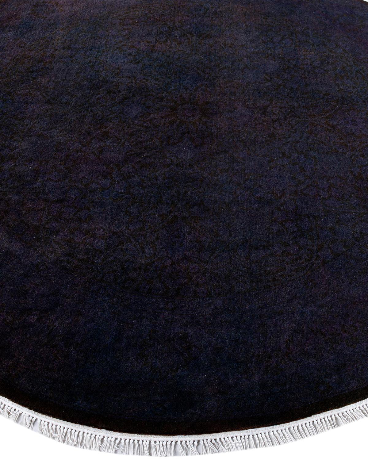 Contemporary Overdyed Hand Knotted Wool Black Round Area Rug In New Condition For Sale In Norwalk, CT