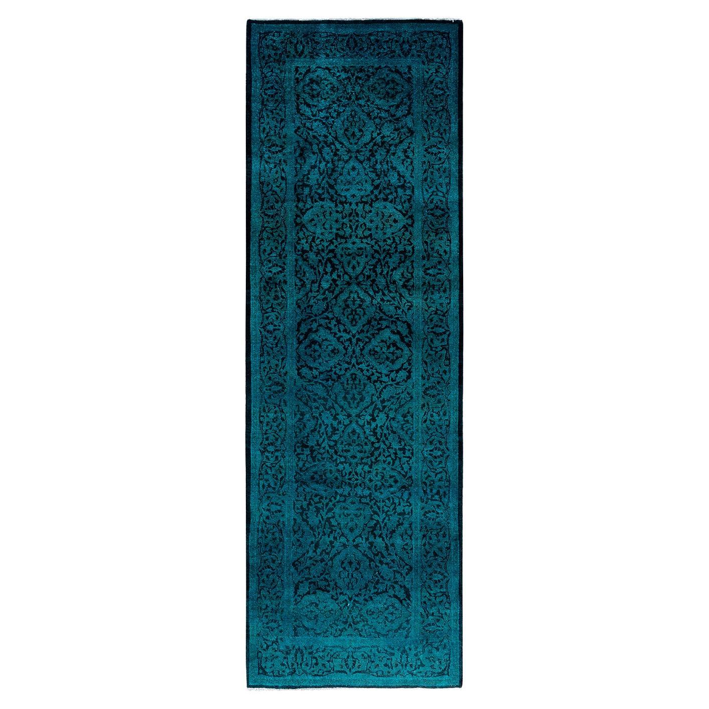 Contemporary Overdyed Hand Knotted Wool Black Runner 2' 5" x 7' 8"