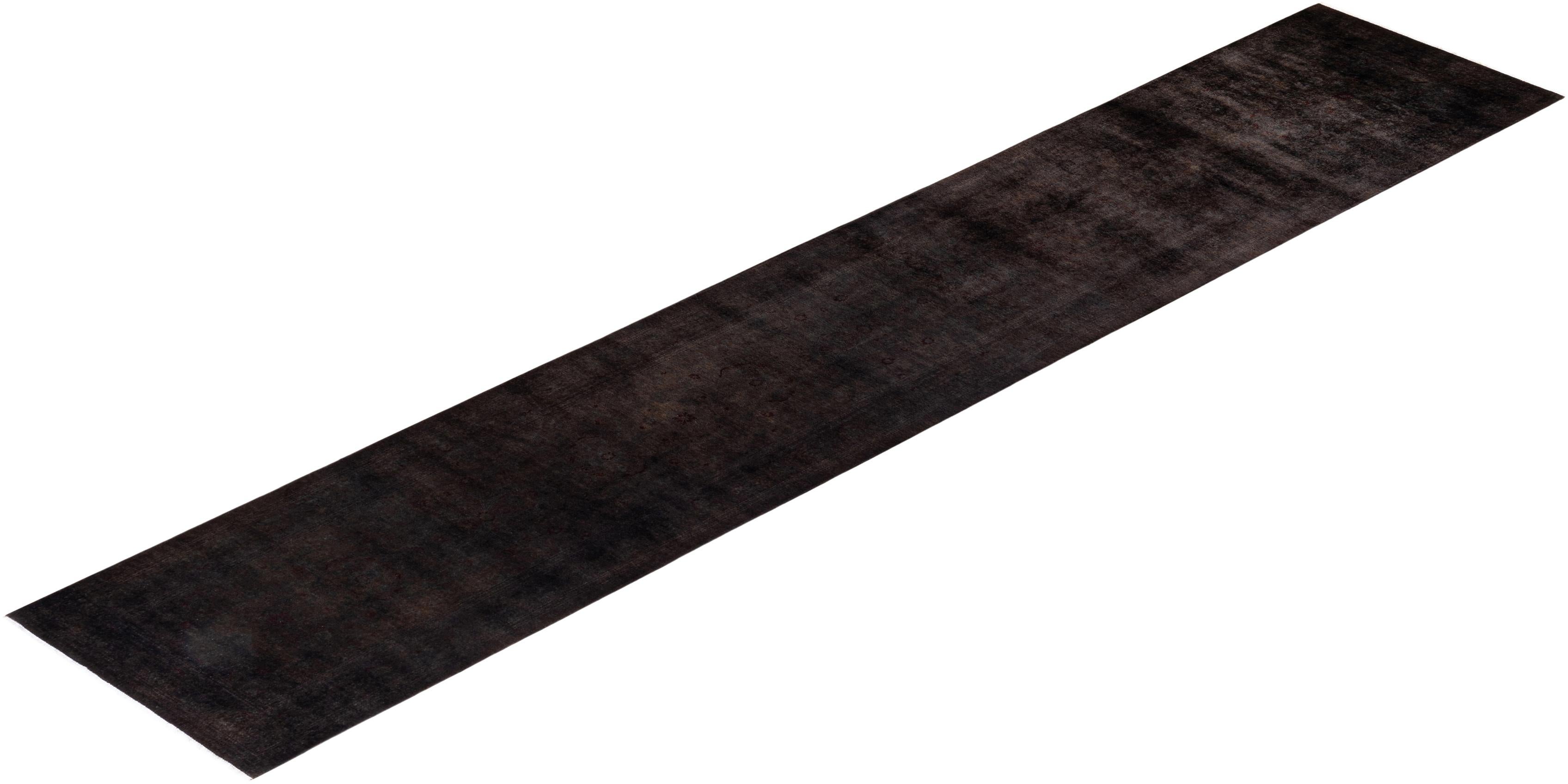 Contemporary Overdyed Hand Knotted Wool Black Runner For Sale 4