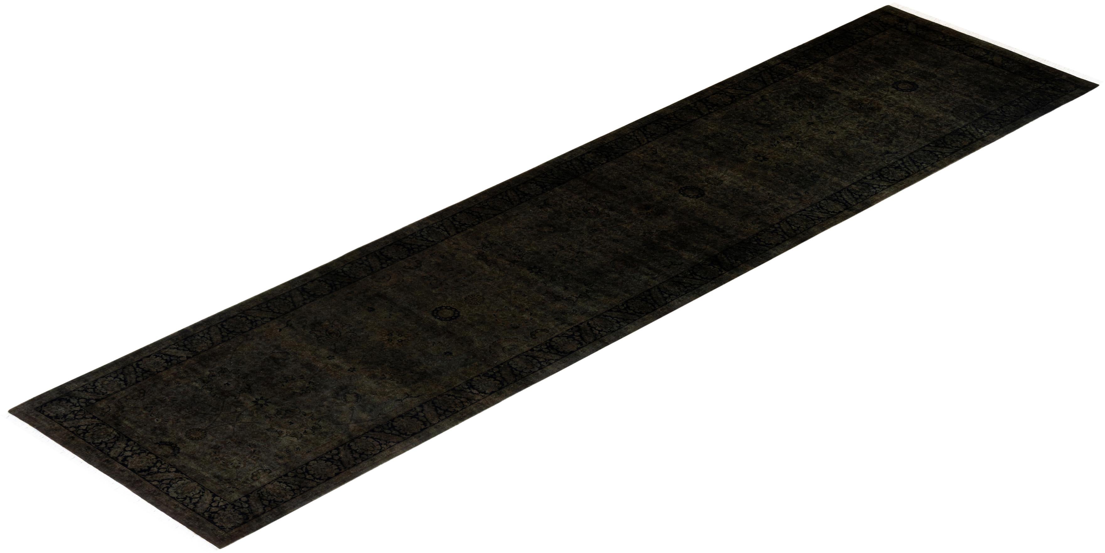 Contemporary Overdyed Hand Knotted Wool Black Runner For Sale 4