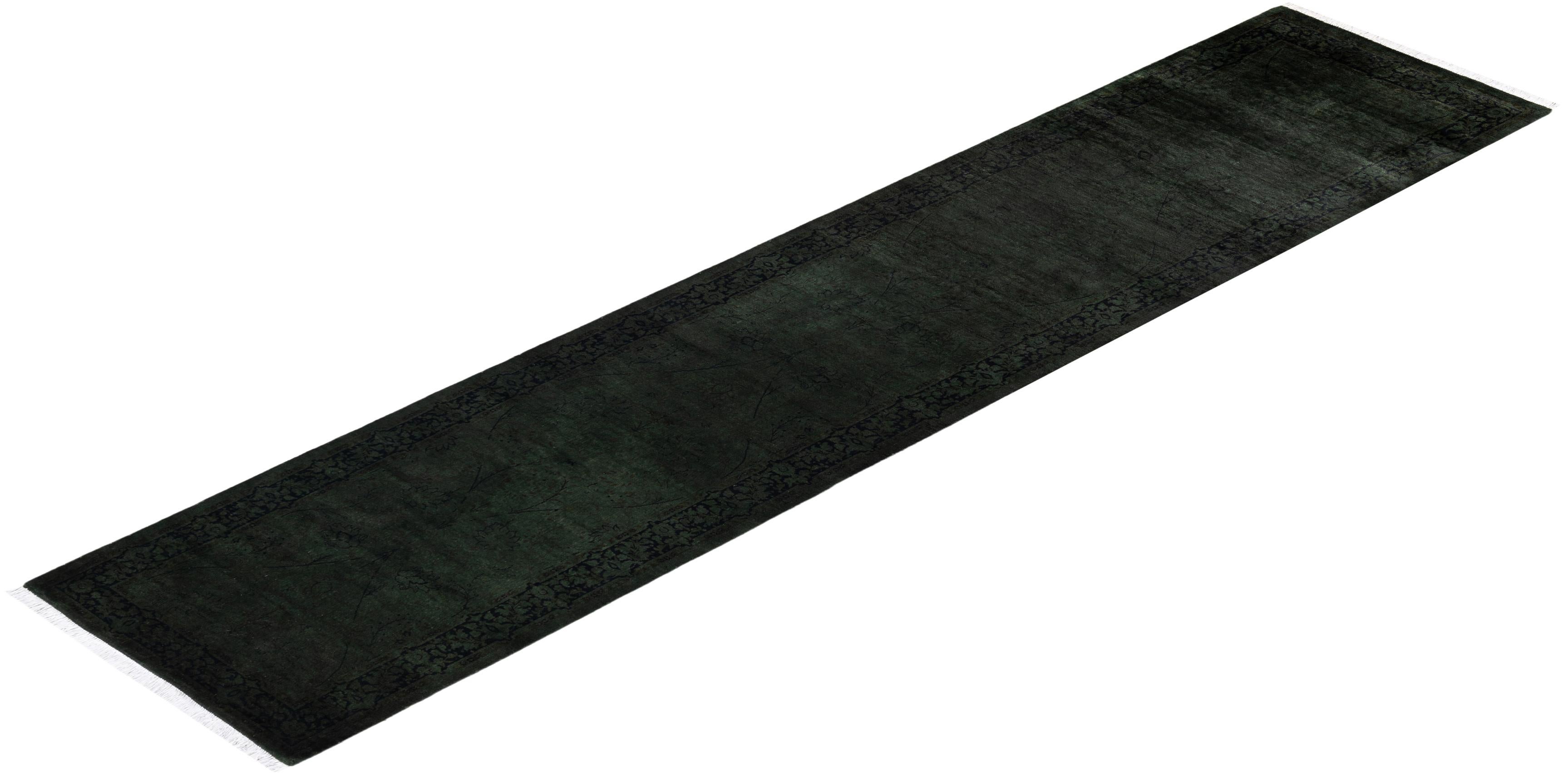 Contemporary Overdyed Hand Knotted Wool Black Runner For Sale 4
