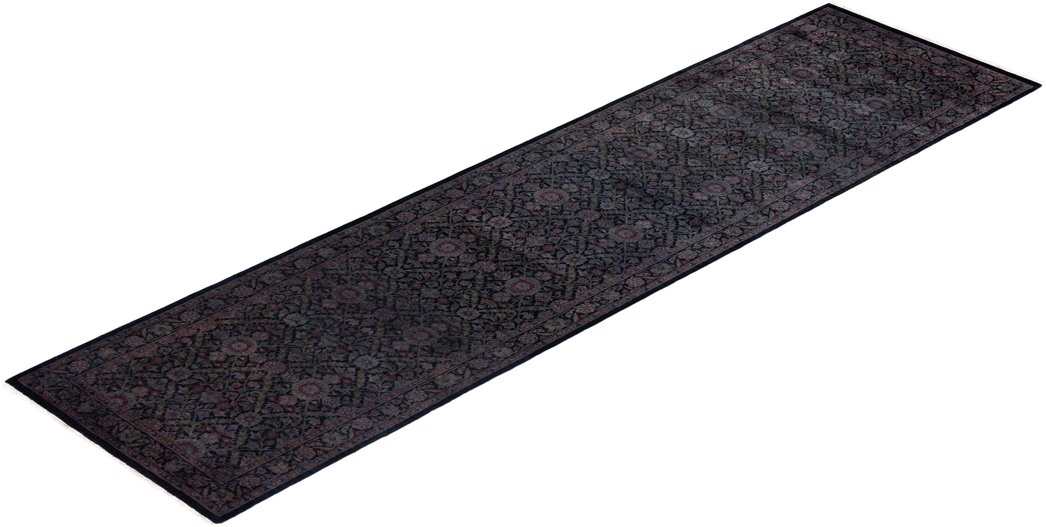 Contemporary Overdyed Hand Knotted Wool Black Runner  For Sale 4