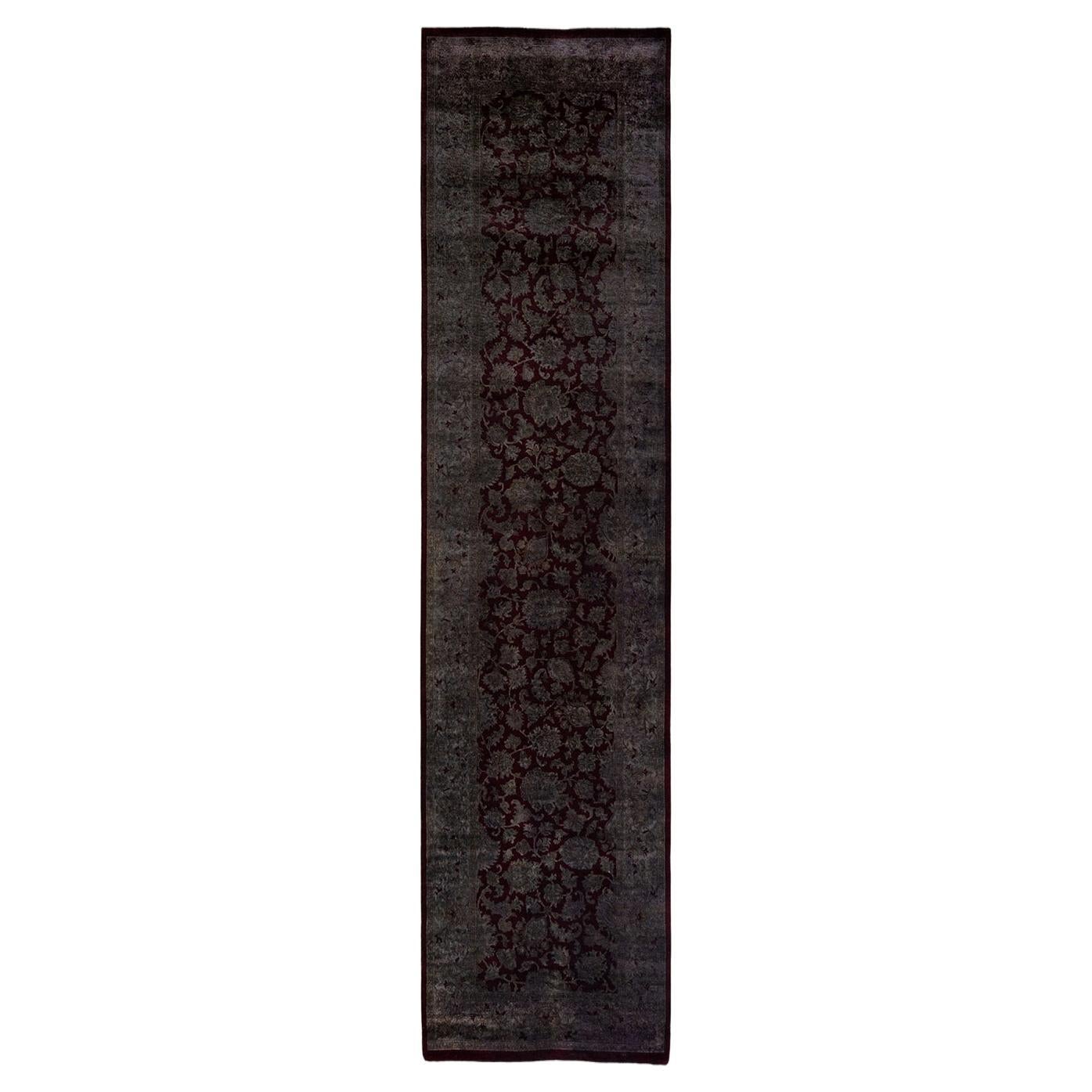 Contemporary Overdyed Hand Knotted Wool Black Runner For Sale