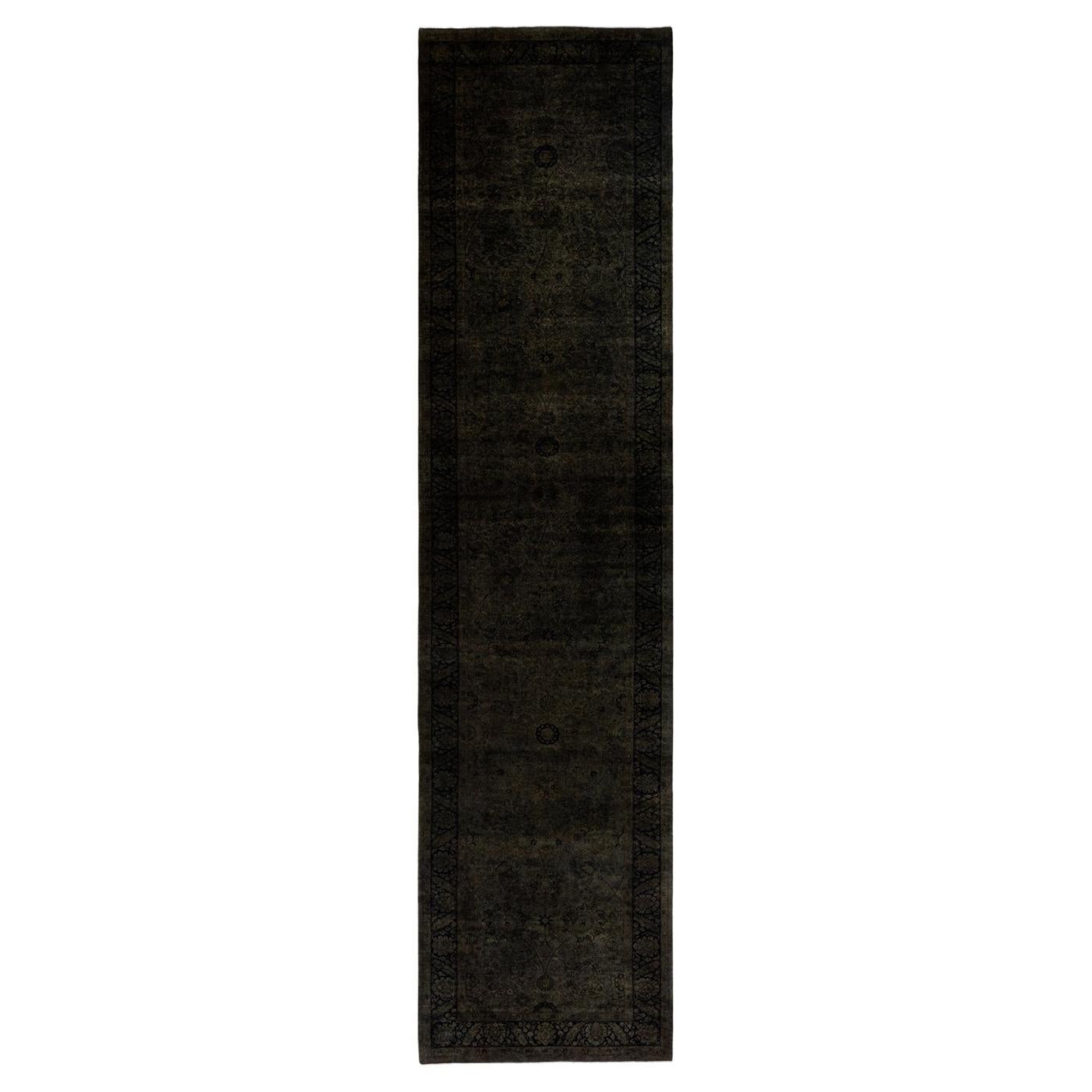 Contemporary Overdyed Hand Knotted Wool Black Runner For Sale