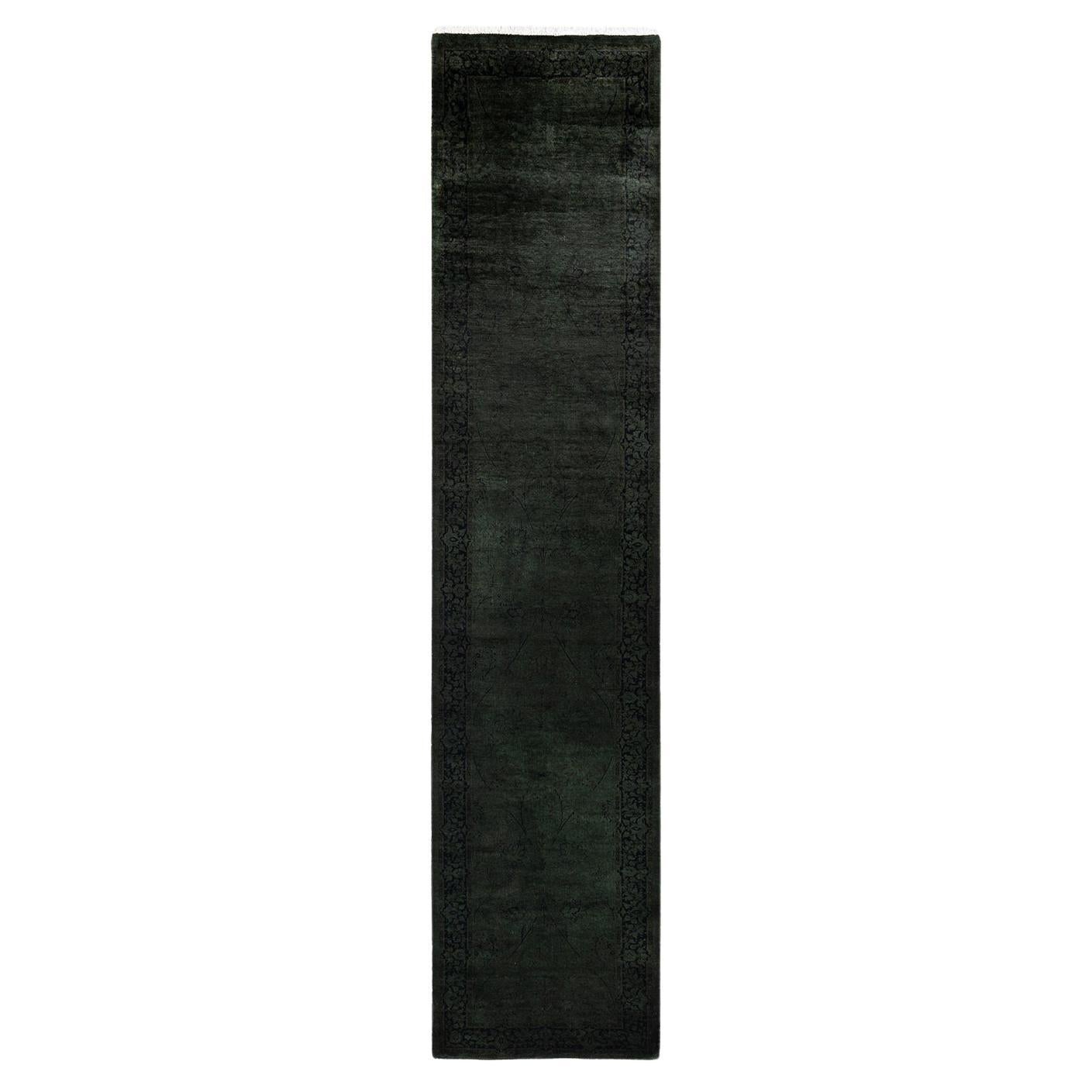 Contemporary Overdyed Hand Knotted Wool Black Runner