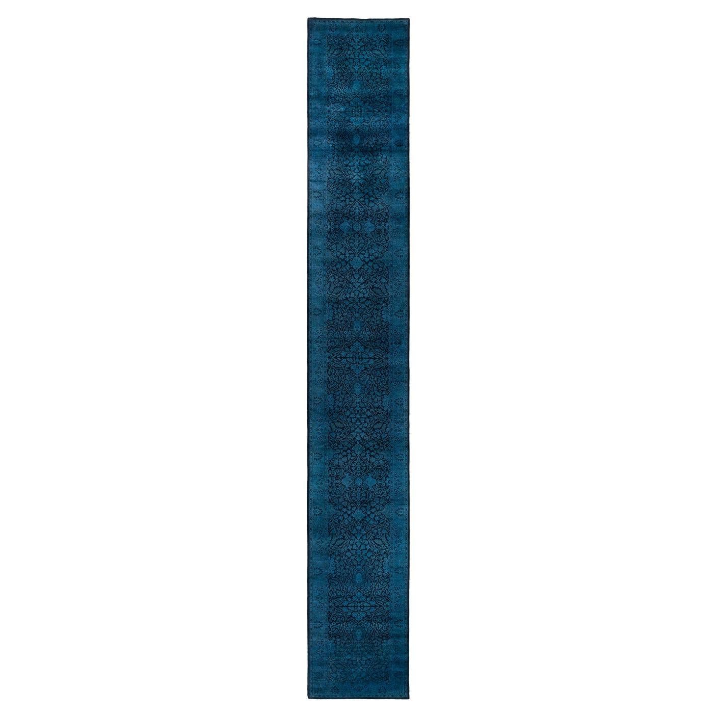 Contemporary Overdyed Hand Knotted Wool Black Runner