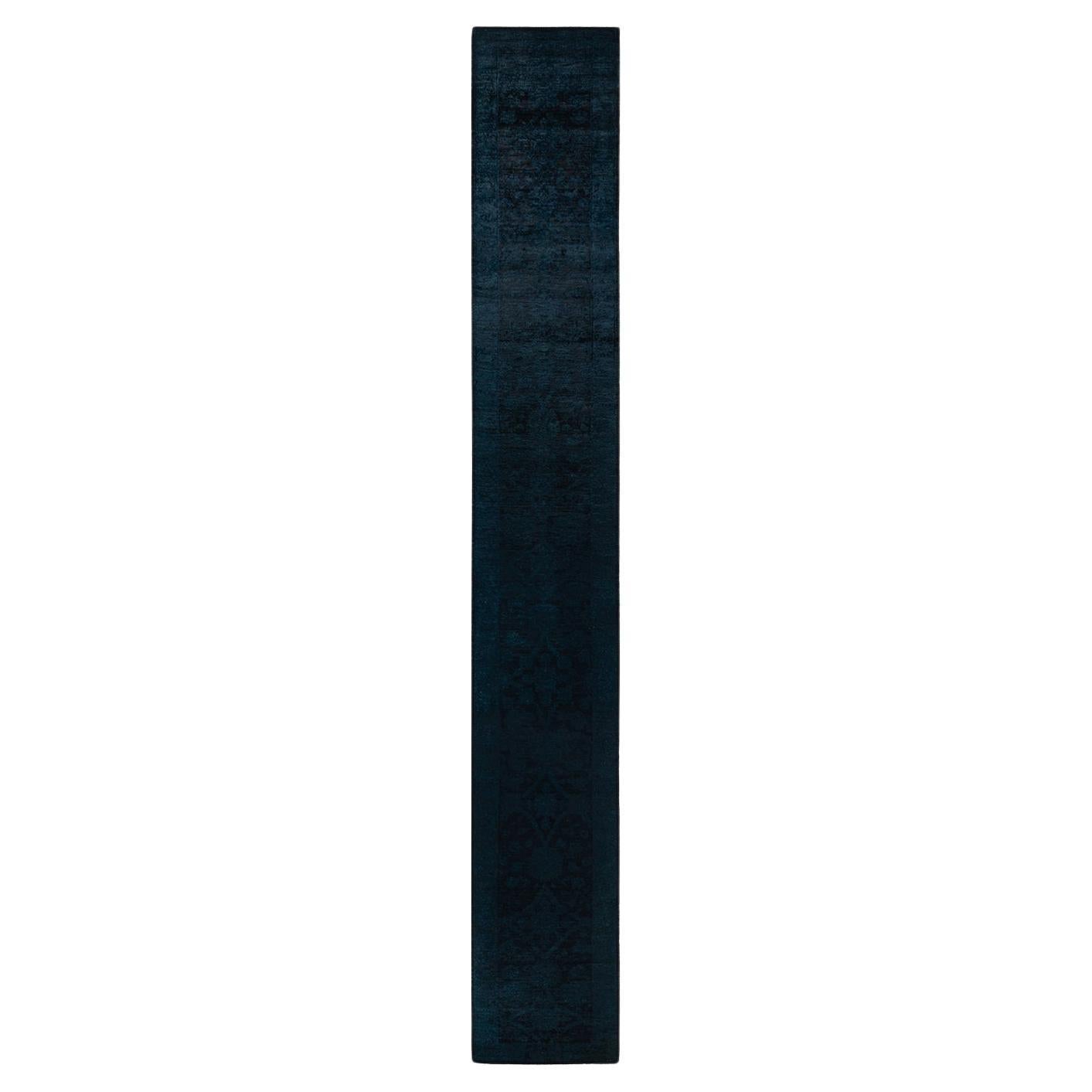 Contemporary Overdyed Hand Knotted Wool Black Runner For Sale