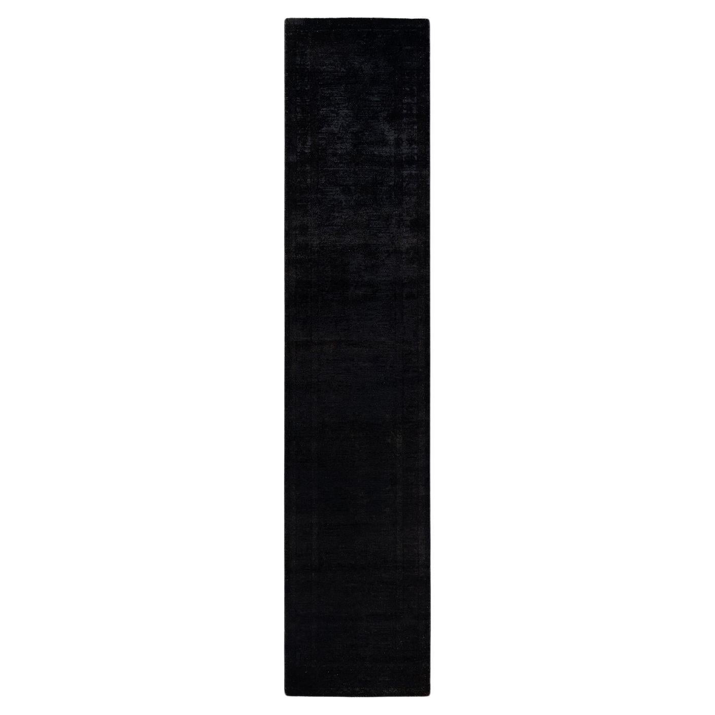 Contemporary Overdyed Hand Knotted Wool Black Runner