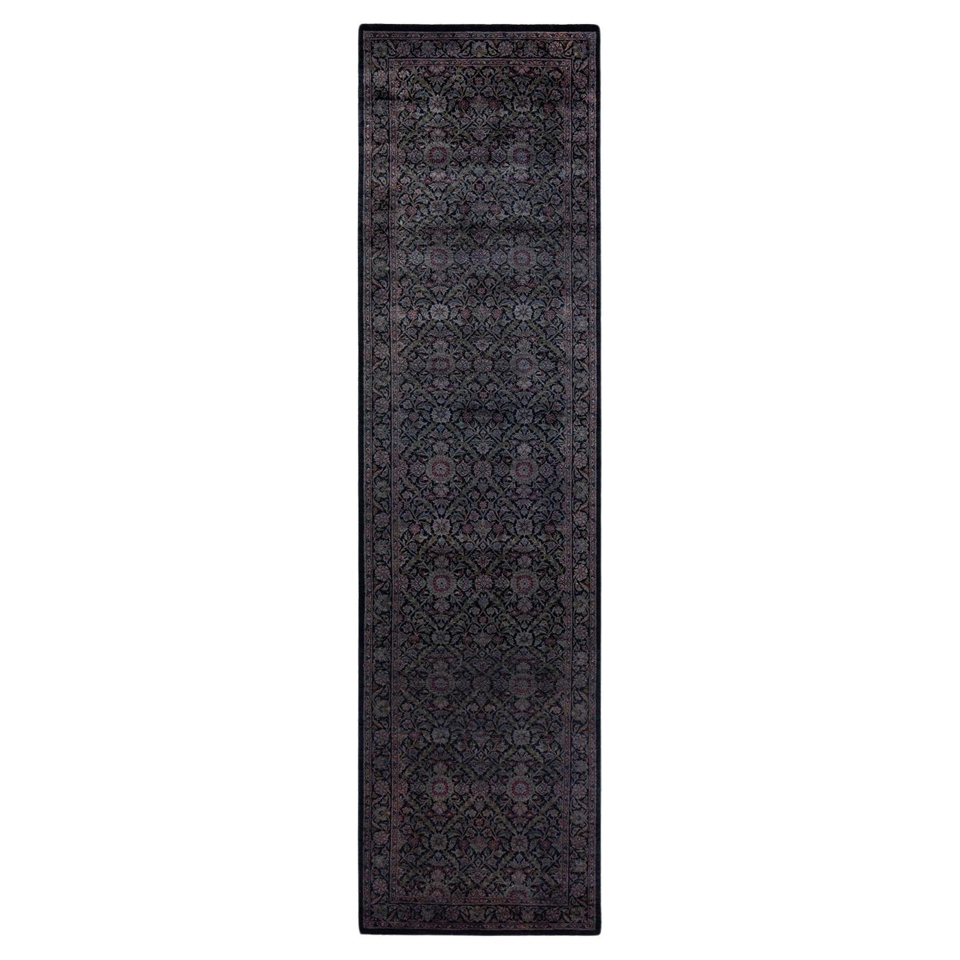 Contemporary Overdyed Hand Knotted Wool Black Runner 