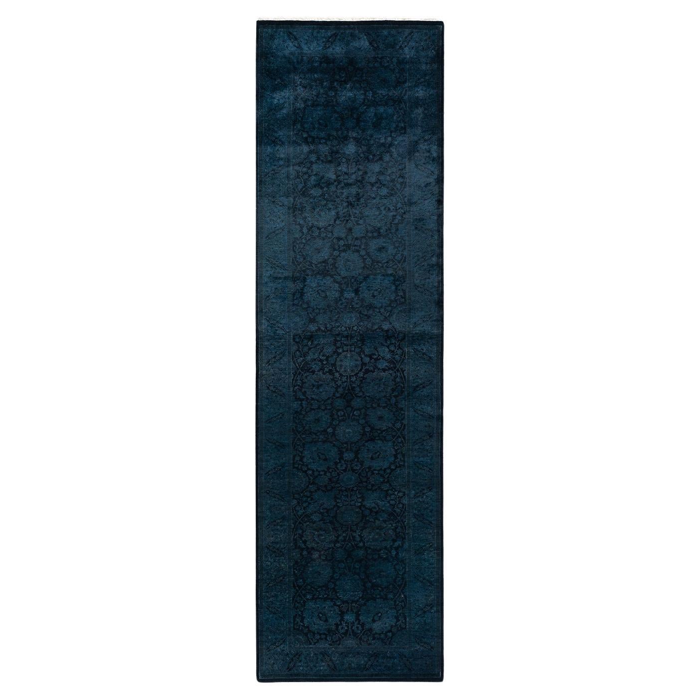 Contemporary Overdyed Hand Knotted Wool Black Runner For Sale