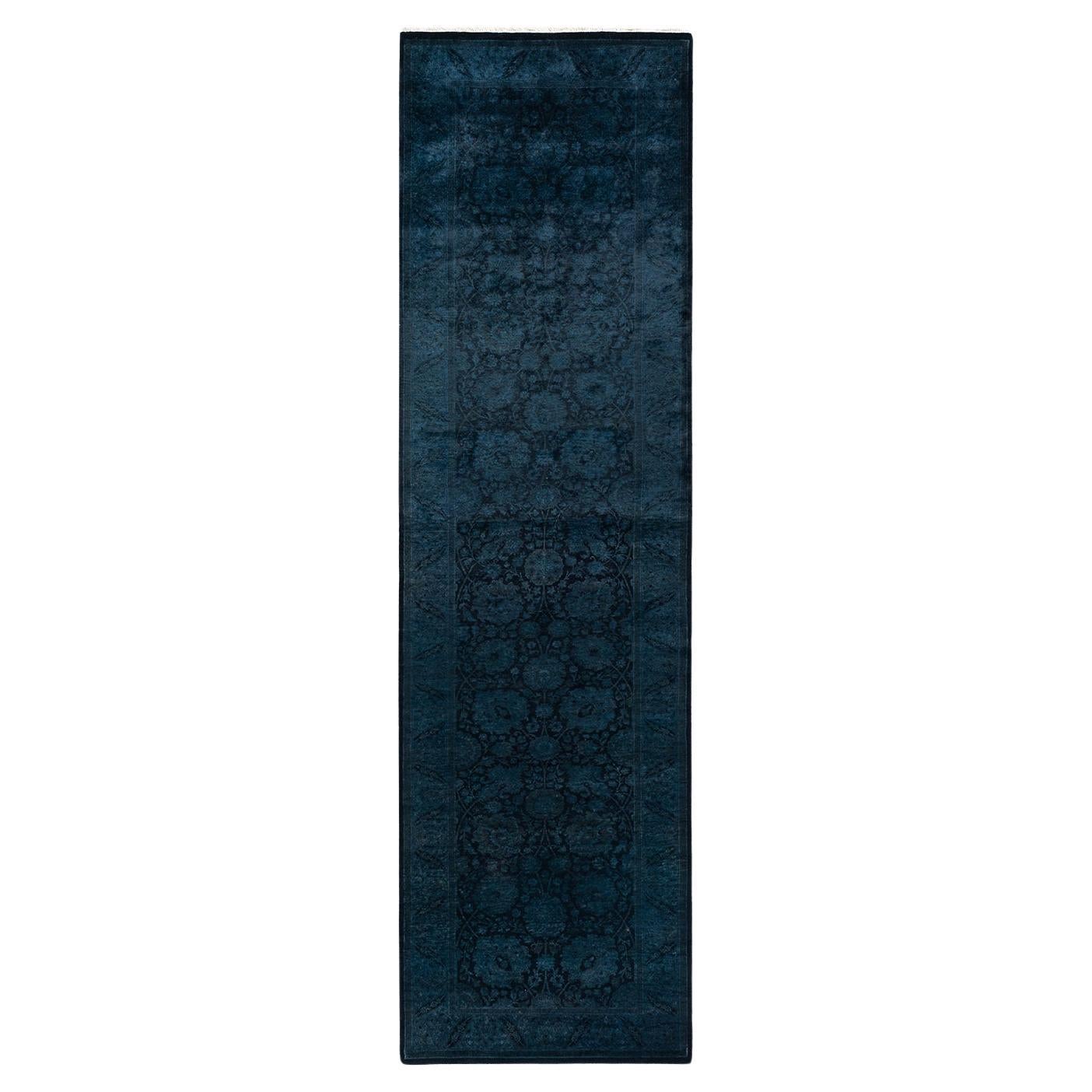 Contemporary Overdyed Hand Knotted Wool Black Runner