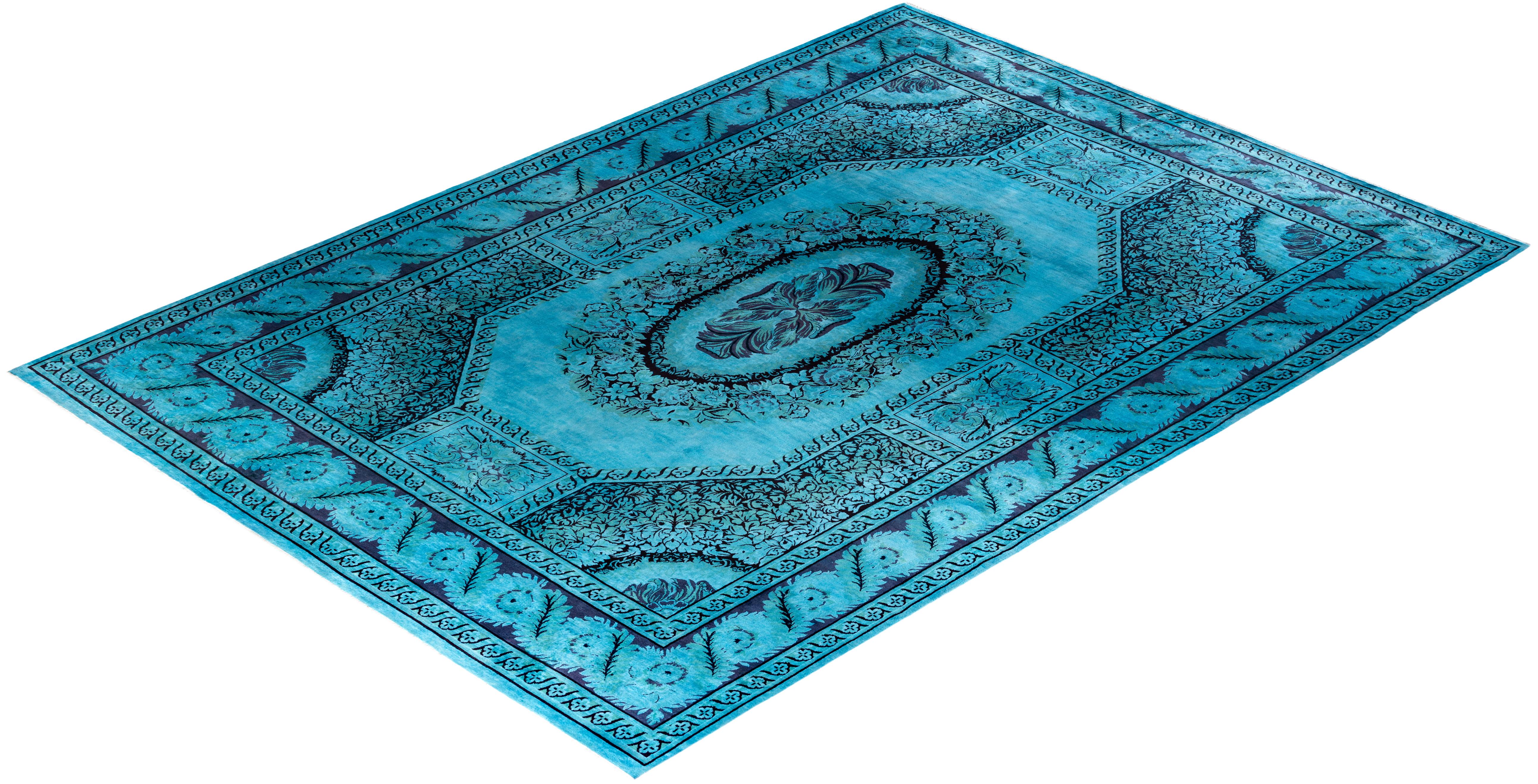 Contemporary Overdyed Hand Knotted Wool Blue Area Rug 10' 0