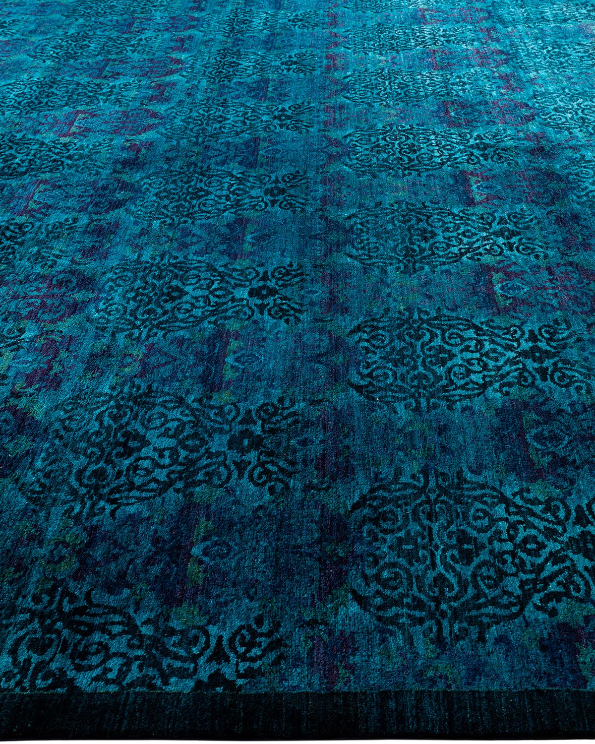 Contemporary Overdyed Hand Knotted Wool Blue Area Rug 10' 1