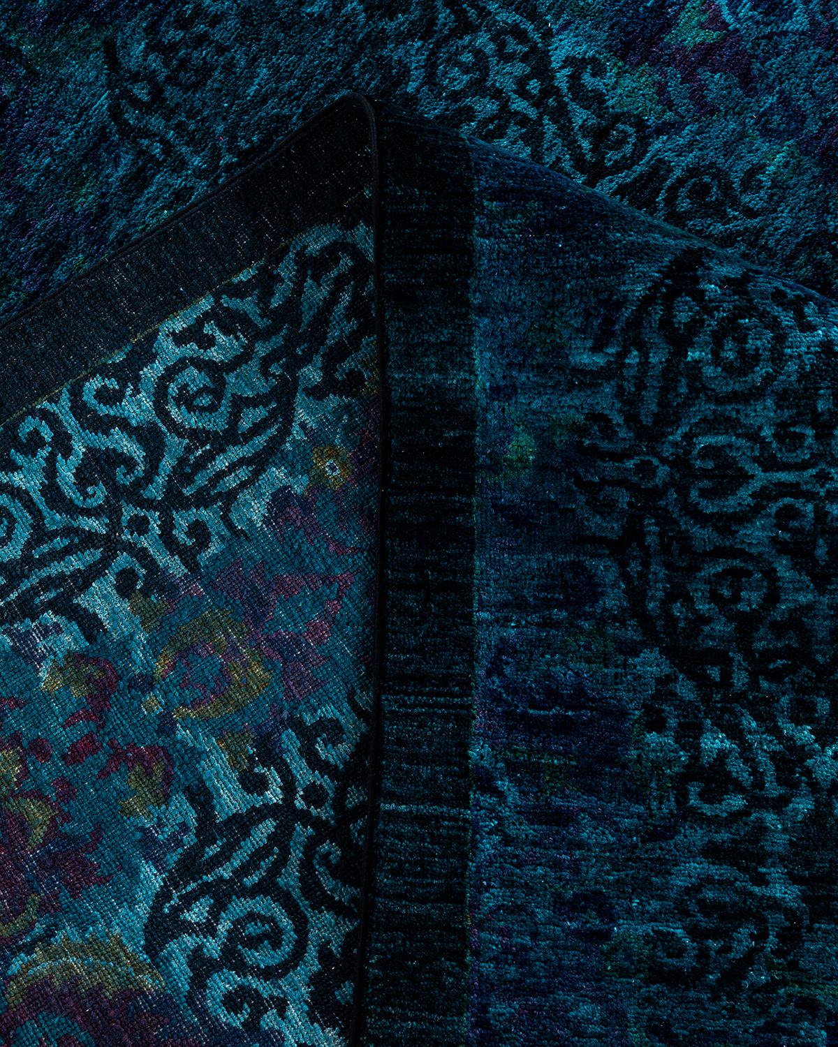 Contemporary Overdyed Hand Knotted Wool Blue Area Rug 10' 1