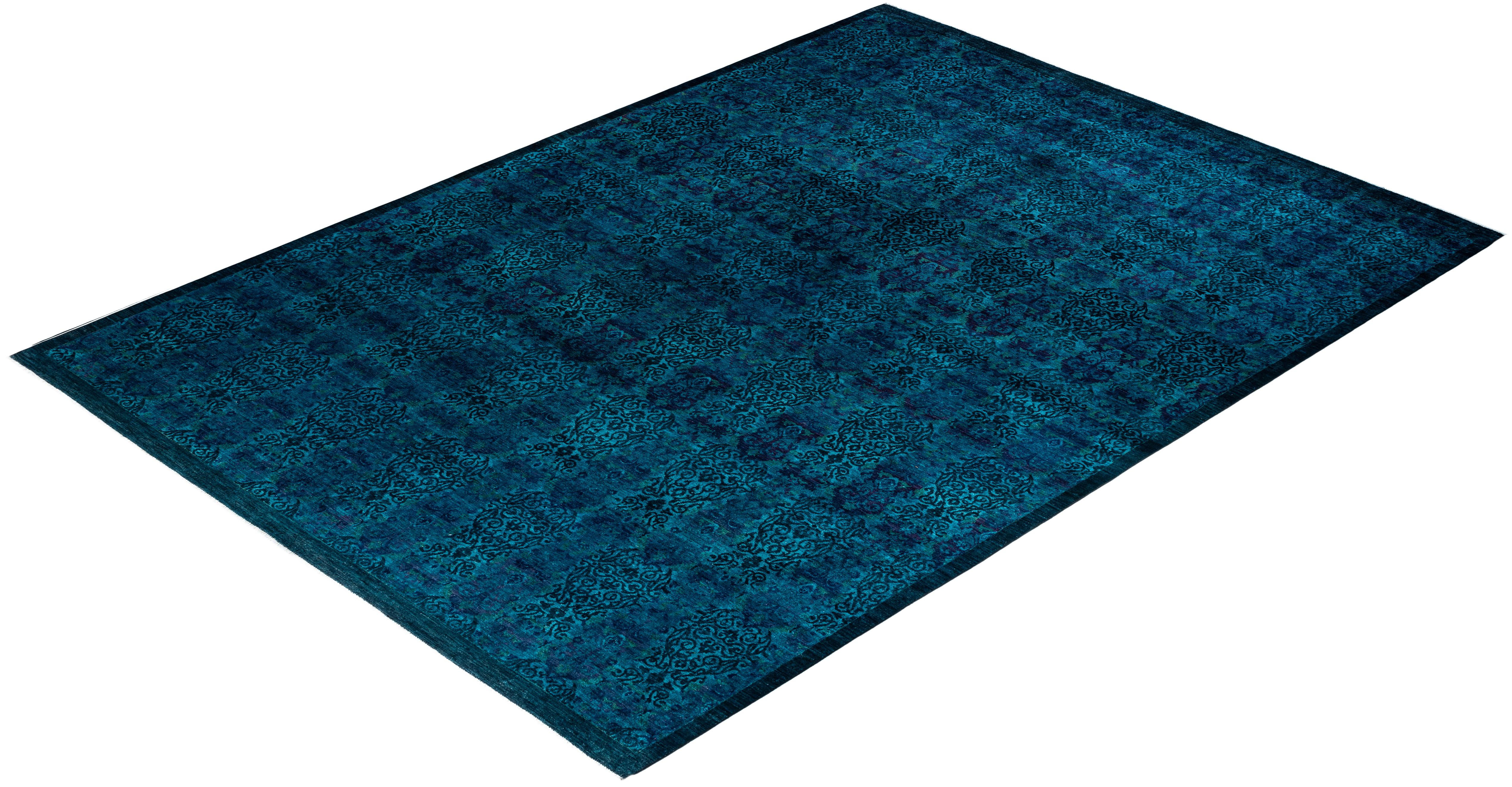 Contemporary Overdyed Hand Knotted Wool Blue Area Rug 10' 1