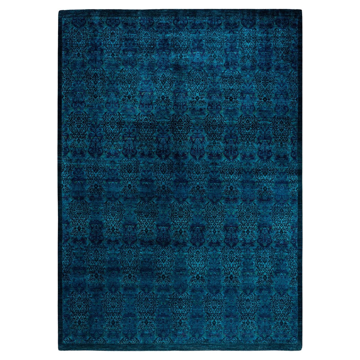Contemporary Overdyed Hand Knotted Wool Blue Area Rug 10' 1" x 13' 8" For Sale