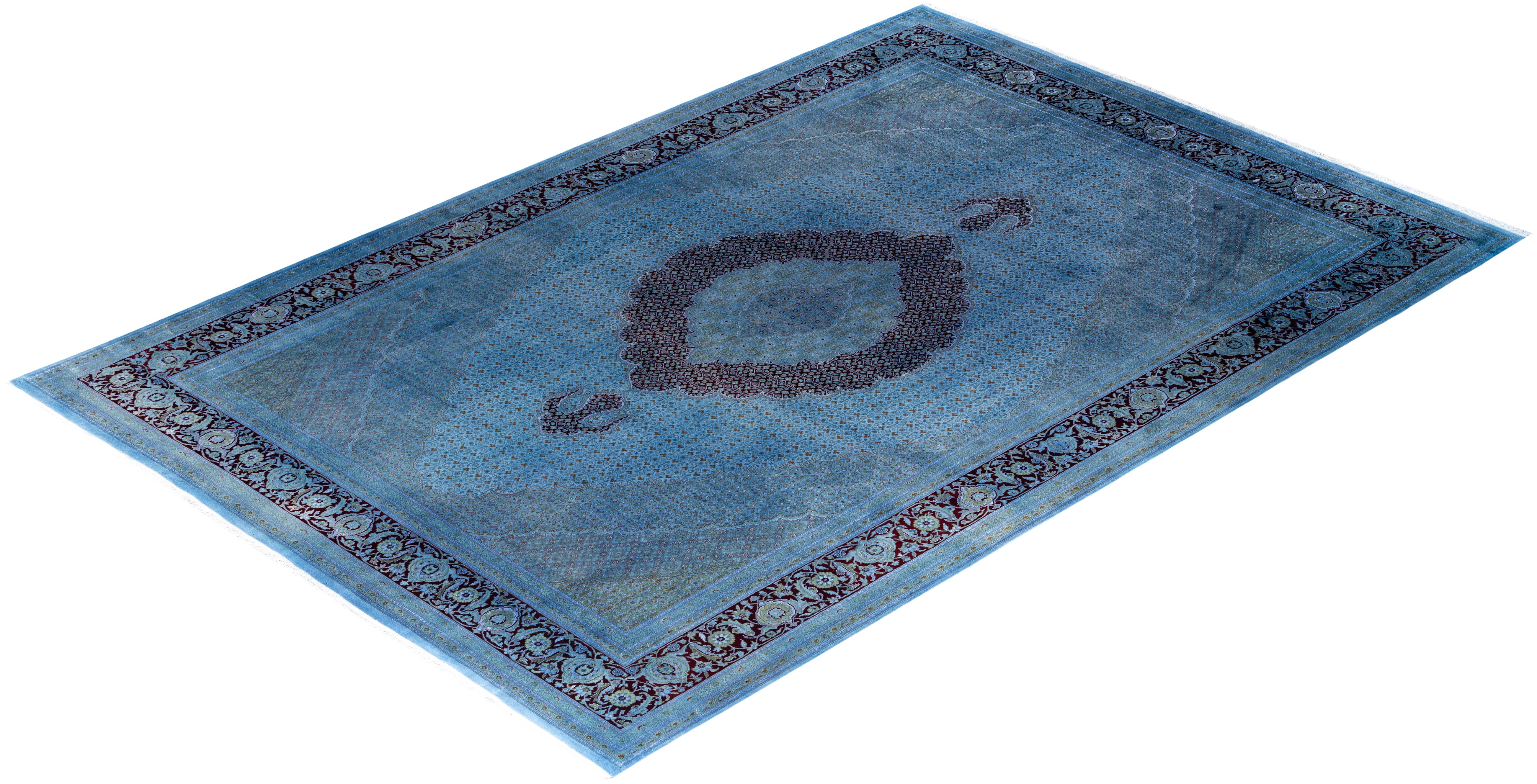 Contemporary Overdyed Hand Knotted Wool Blue Area Rug 10' 3