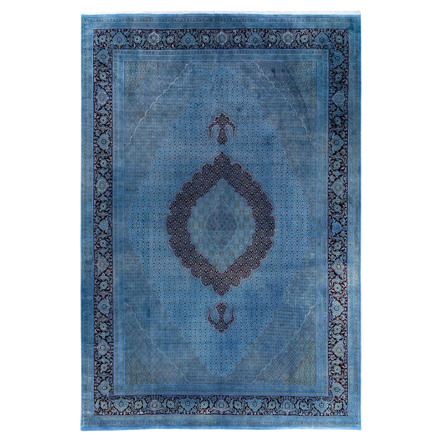 Contemporary Overdyed Hand Knotted Wool Blue Area Rug 10' 3" x 15' 1" For Sale