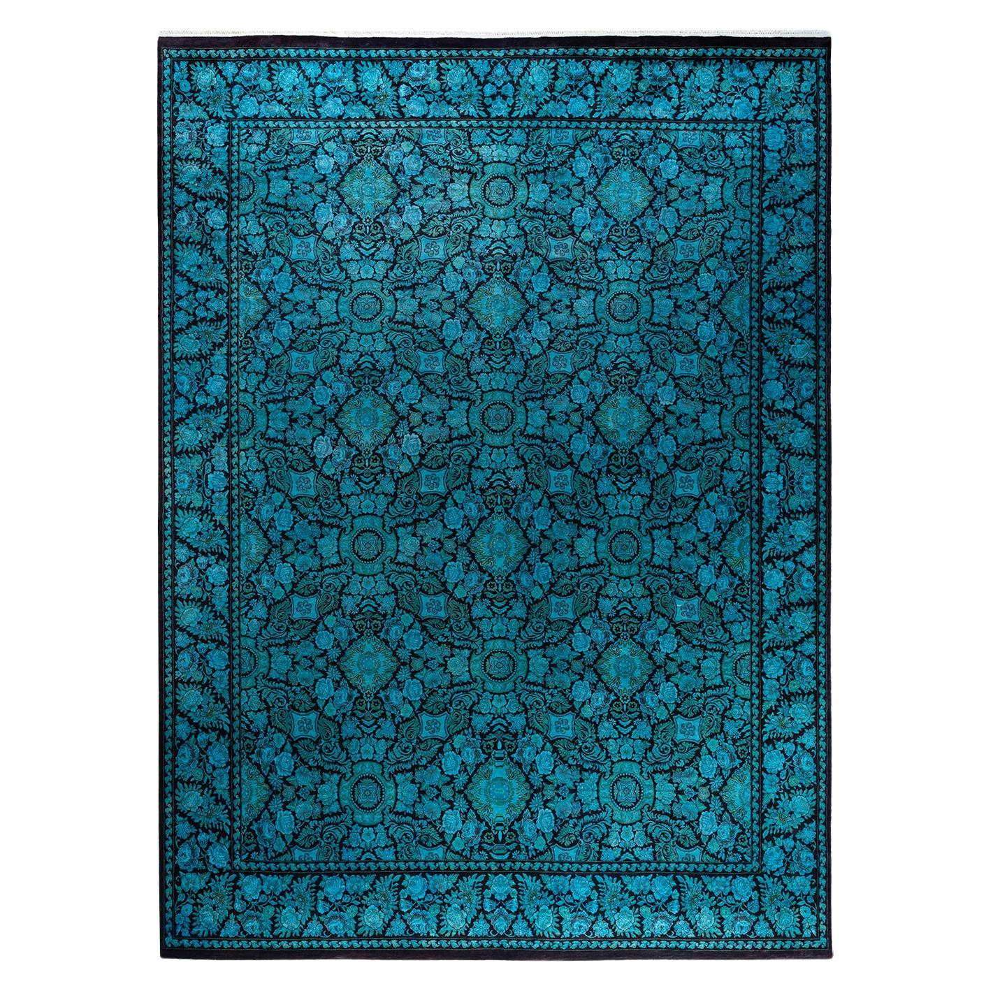 Contemporary Overdyed Hand Knotted Wool Blue Area Rug 10' 4" x 13' 5"