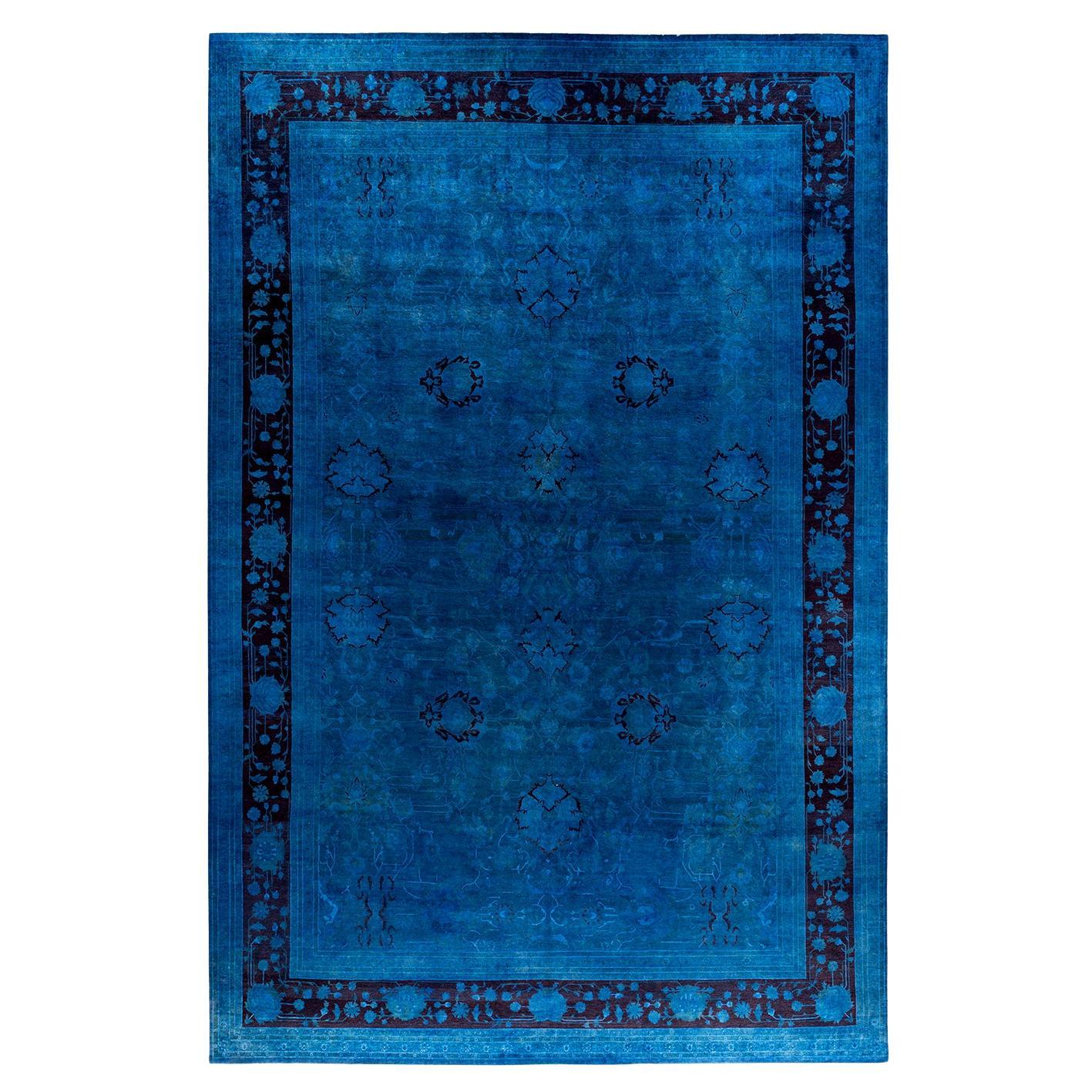 Contemporary Overdyed Hand Knotted Wool Blue Area Rug 11' 10" x 17' 9"