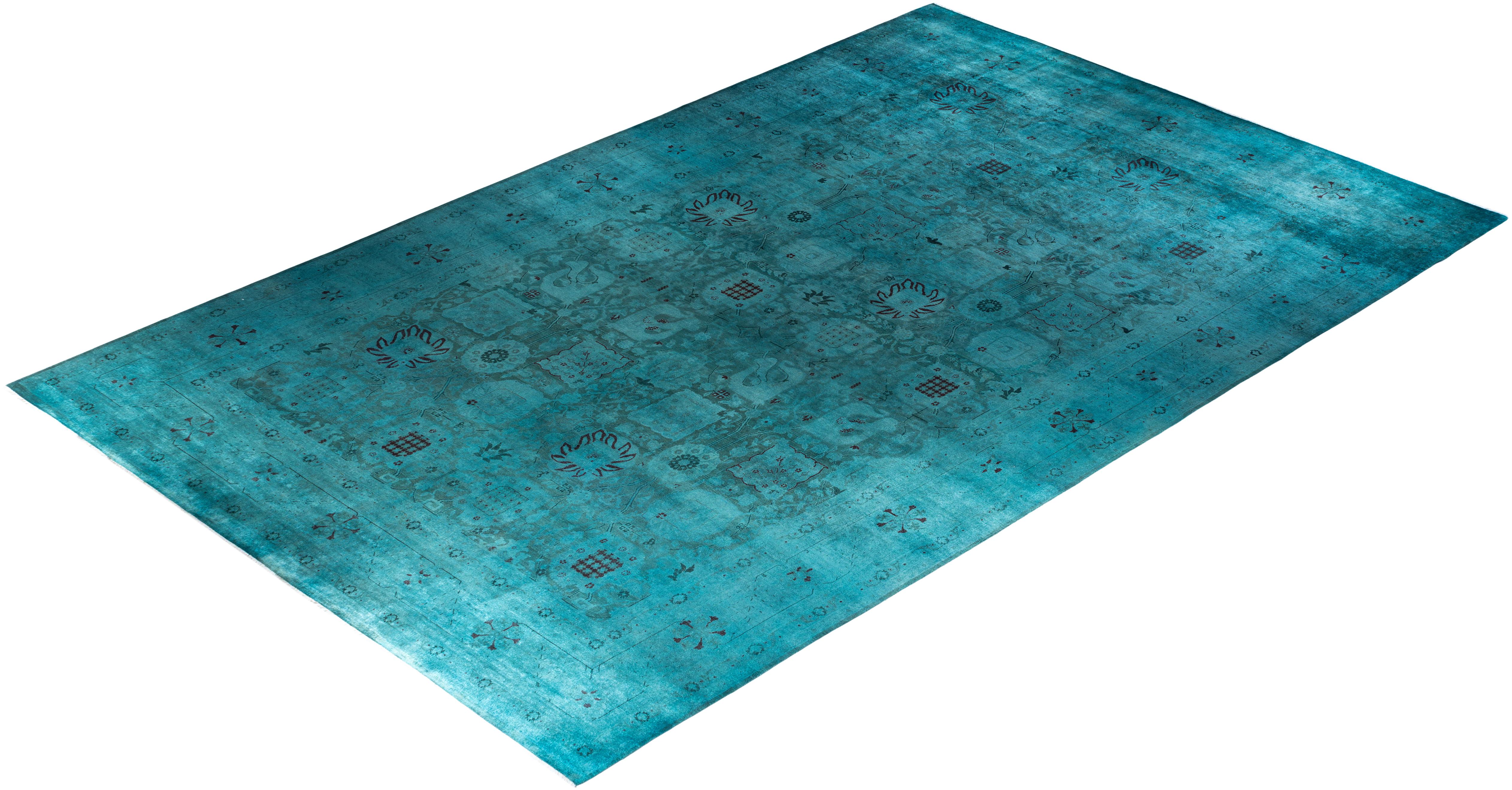 Contemporary Overdyed Hand Knotted Wool Blue Area Rug 11' 10