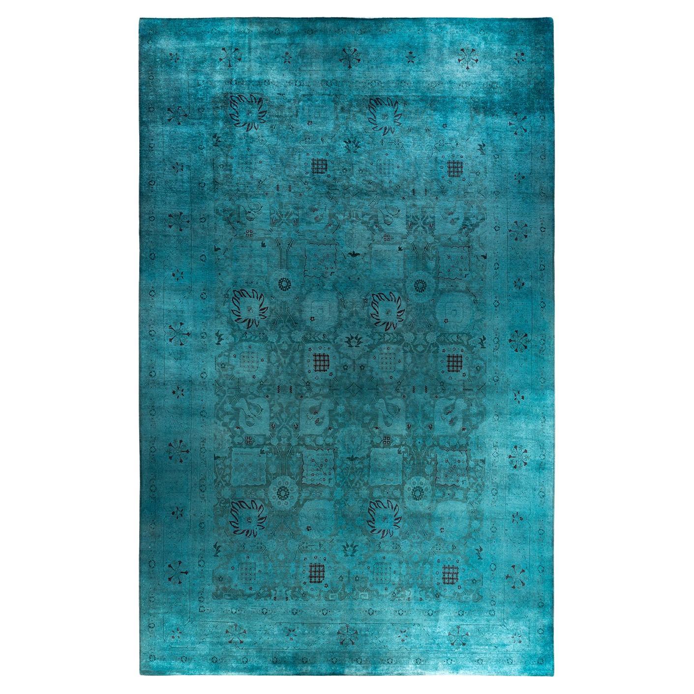 Contemporary Overdyed Hand Knotted Wool Blue Area Rug 11' 10" x 18' 10" For Sale