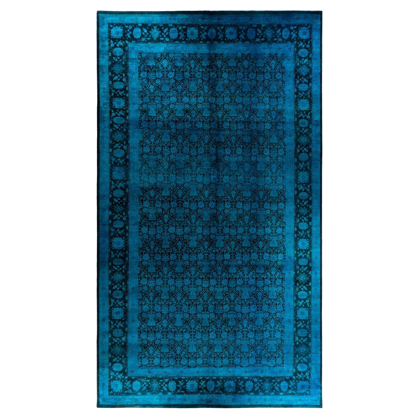 Contemporary Overdyed Hand Knotted Wool Blue Area Rug 12' 1" x 21' 6"