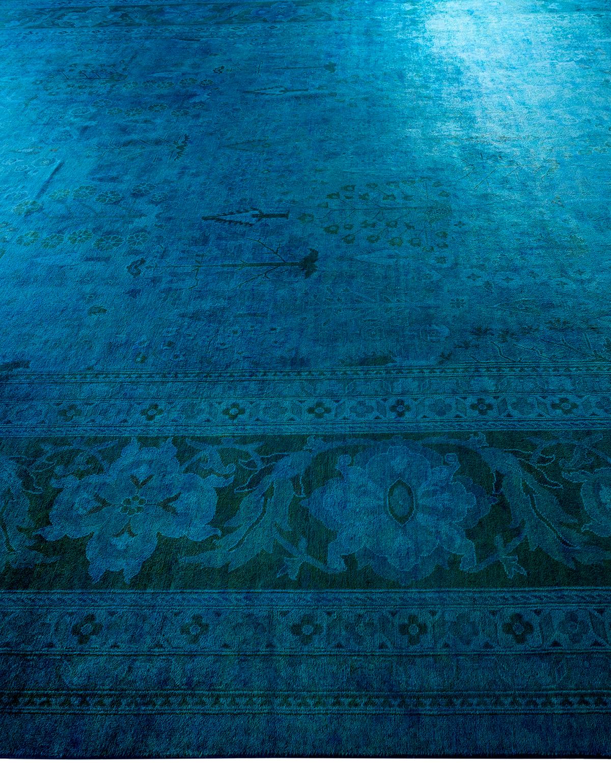 Contemporary Overdyed Hand Knotted Wool Blue Area Rug 12' 3