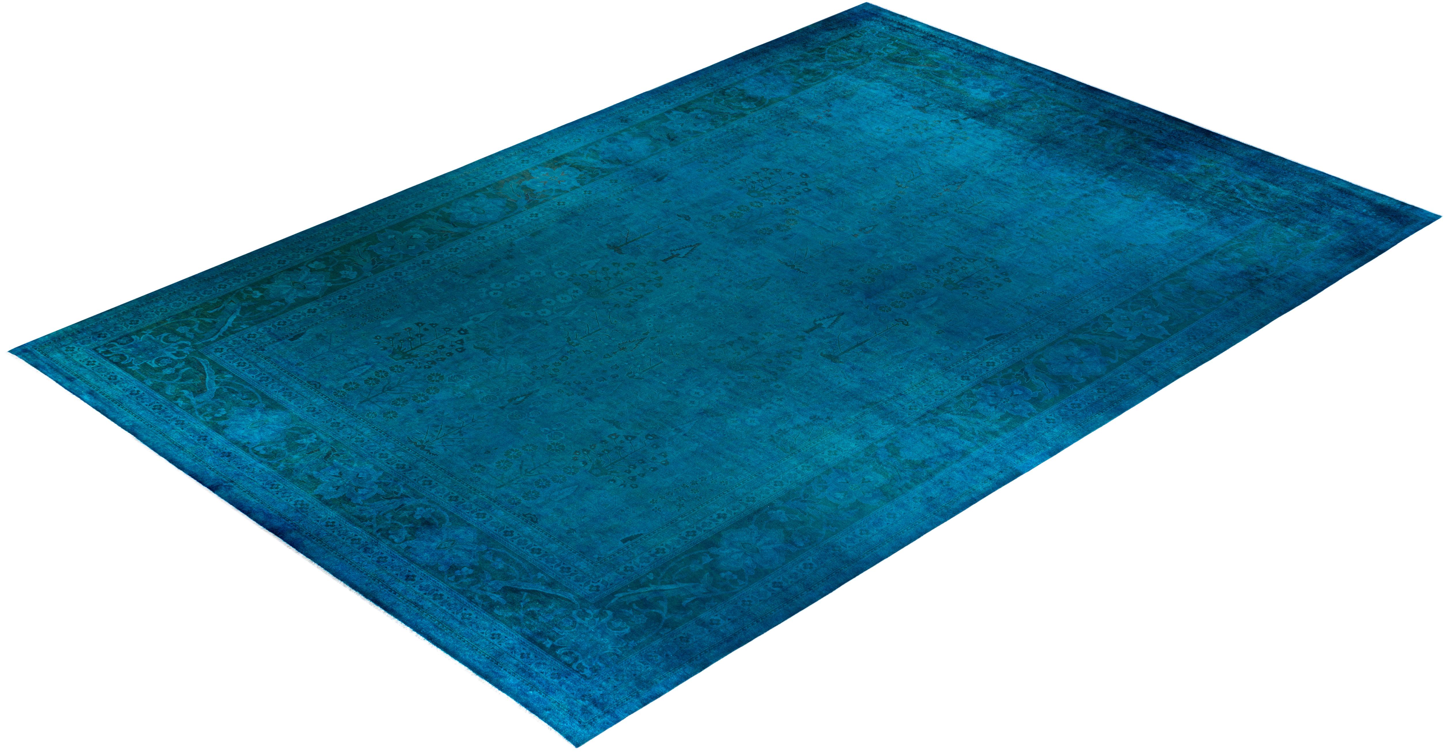 Contemporary Overdyed Hand Knotted Wool Blue Area Rug 12' 3