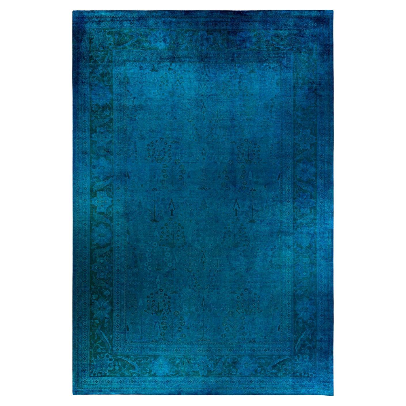 Contemporary Overdyed Hand Knotted Wool Blue Area Rug 12' 3" x 17' 10" For Sale
