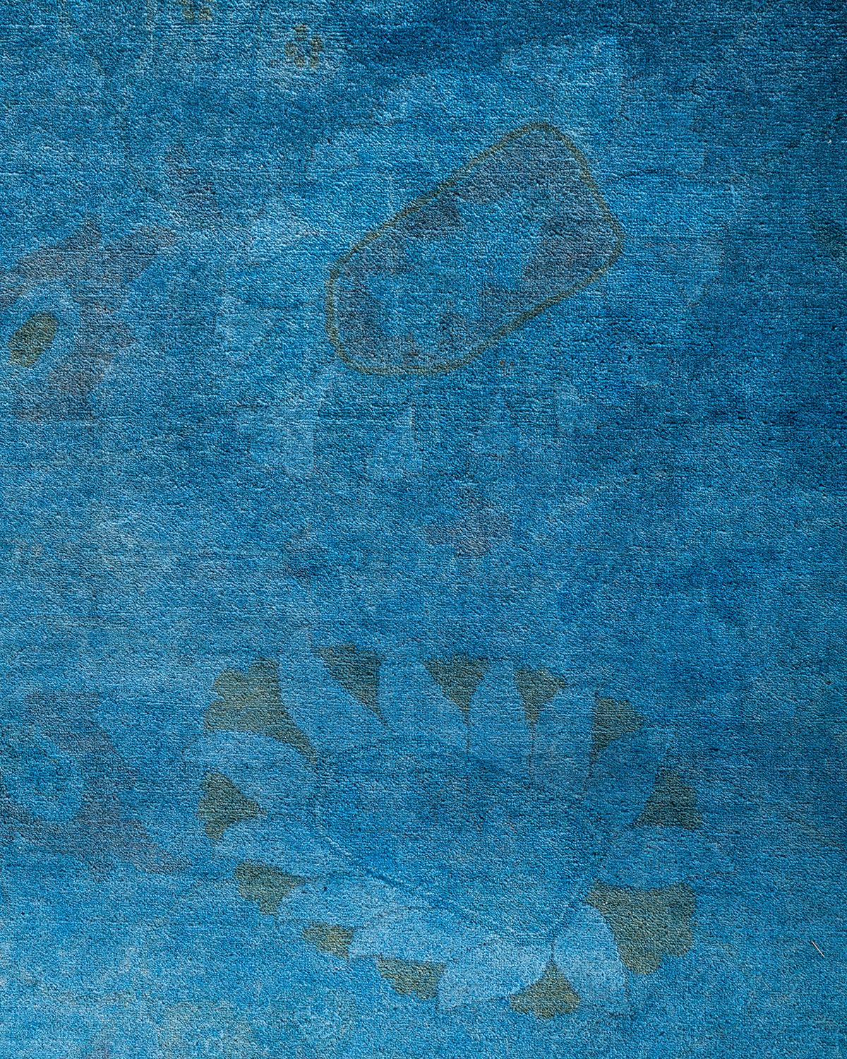 Pakistanais Contemporary Overdyed Hand Knotted Wool Blue Area Rug 12' 4