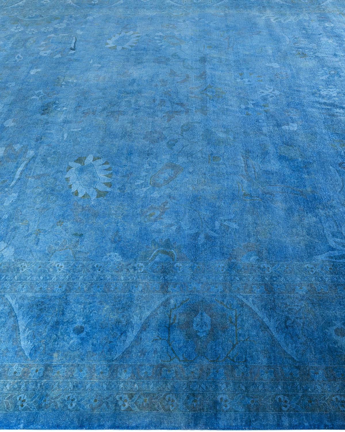 Contemporary Overdyed Hand Knotted Wool Blue Area Rug 12' 4