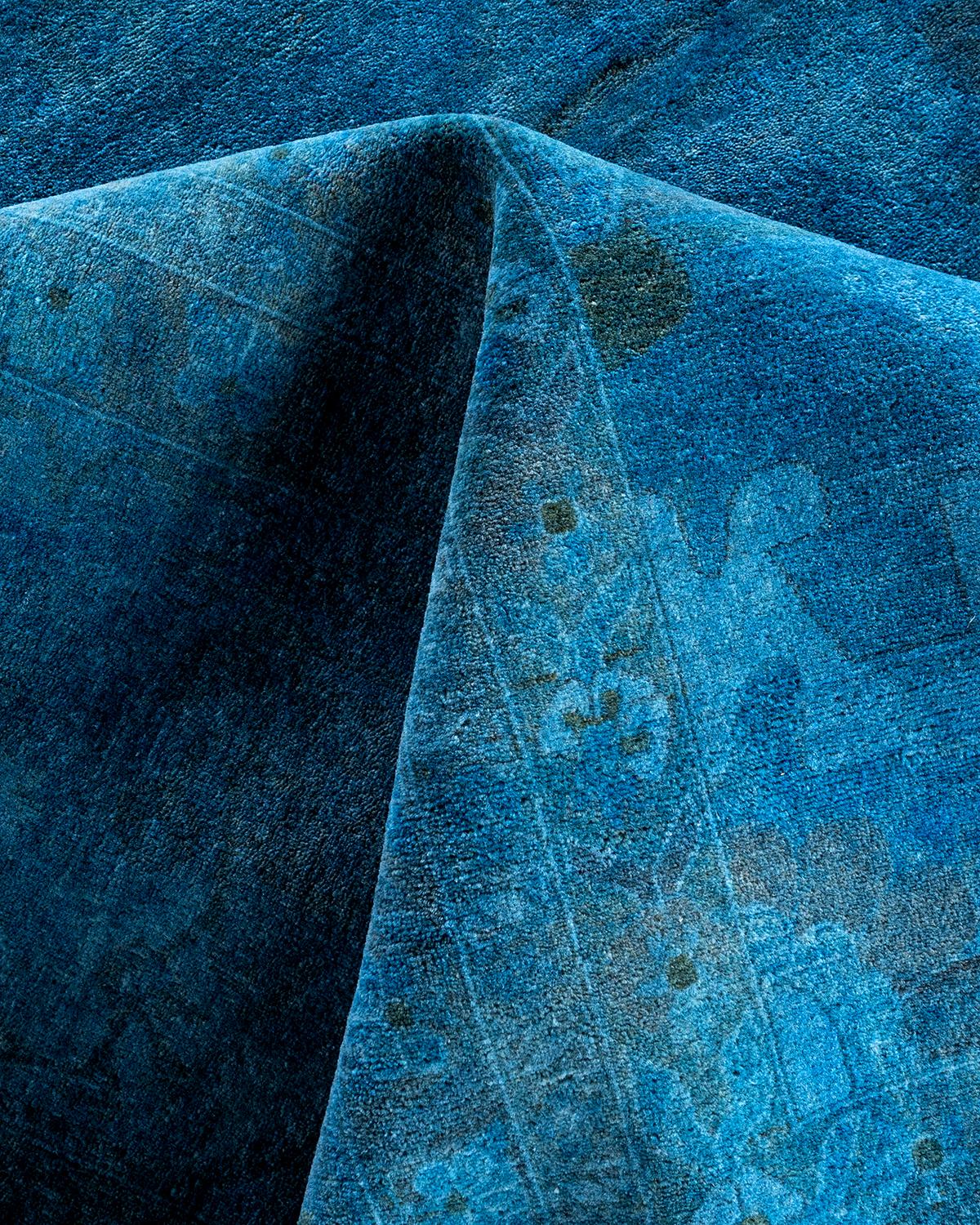 Contemporary Overdyed Hand Knotted Wool Blue Area Rug 12' 4