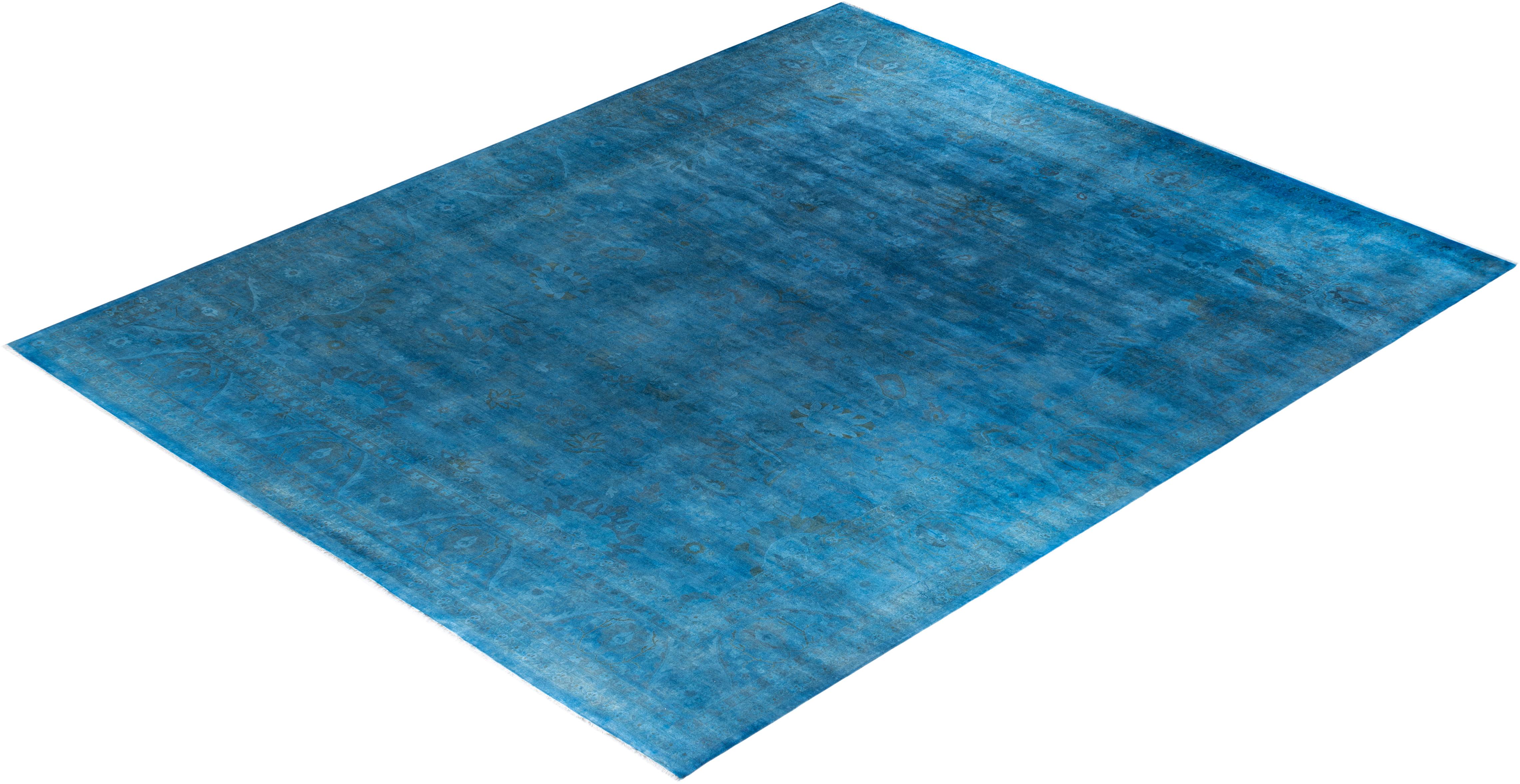 Contemporary Overdyed Hand Knotted Wool Blue Area Rug 12' 4