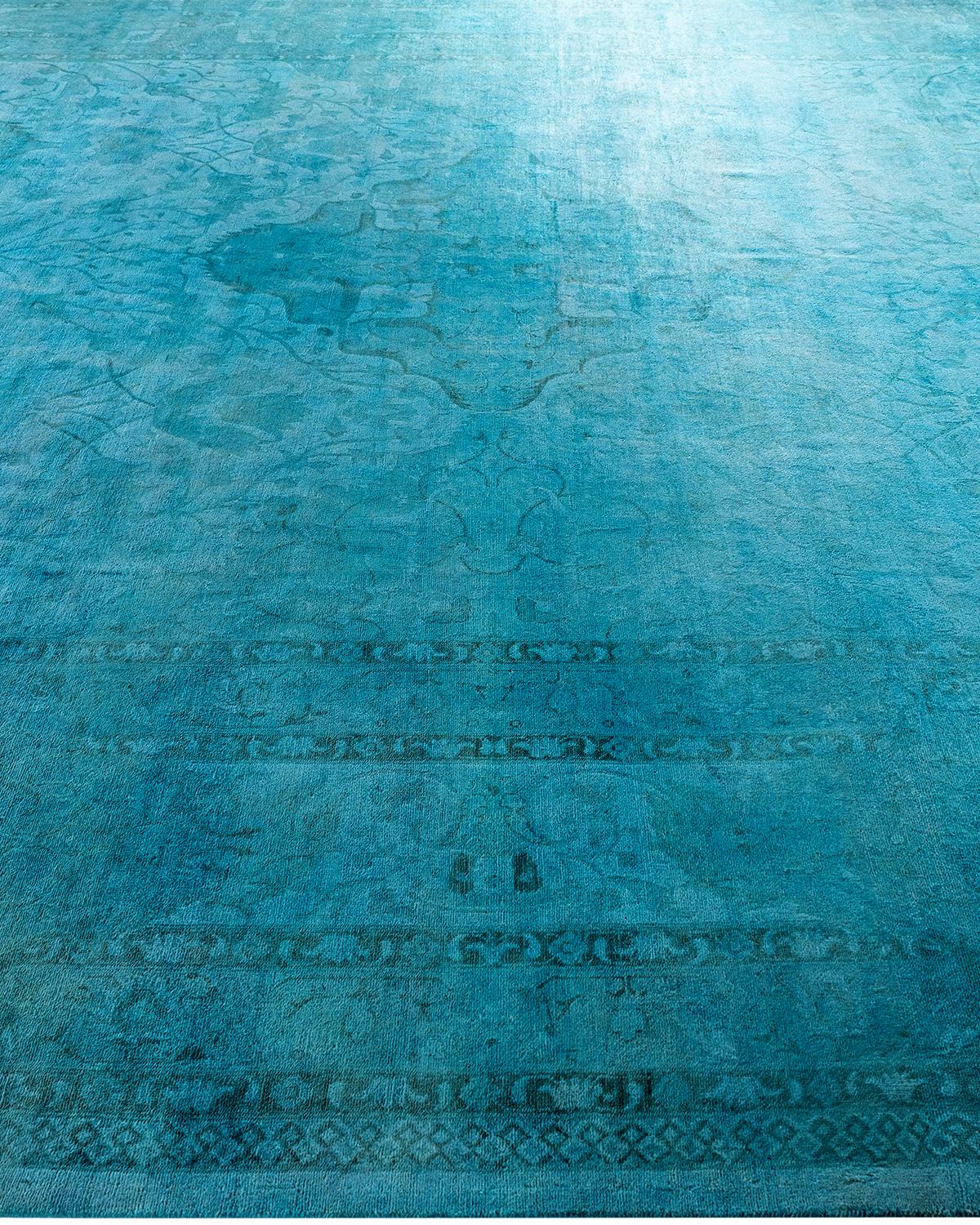 Contemporary Overdyed Hand Knotted Wool Blue Area Rug 12' 4
