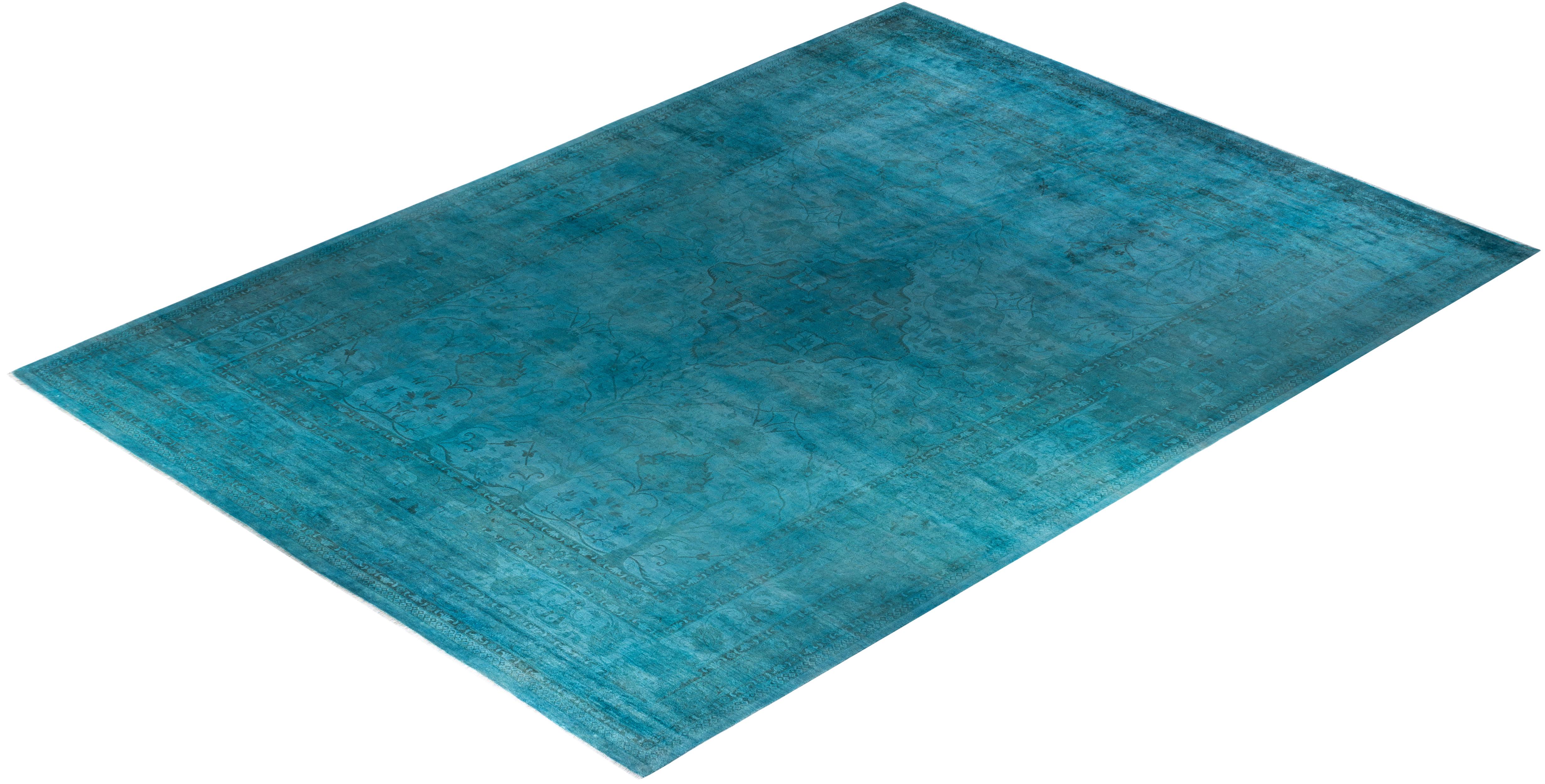 Contemporary Overdyed Hand Knotted Wool Blue Area Rug 12' 4