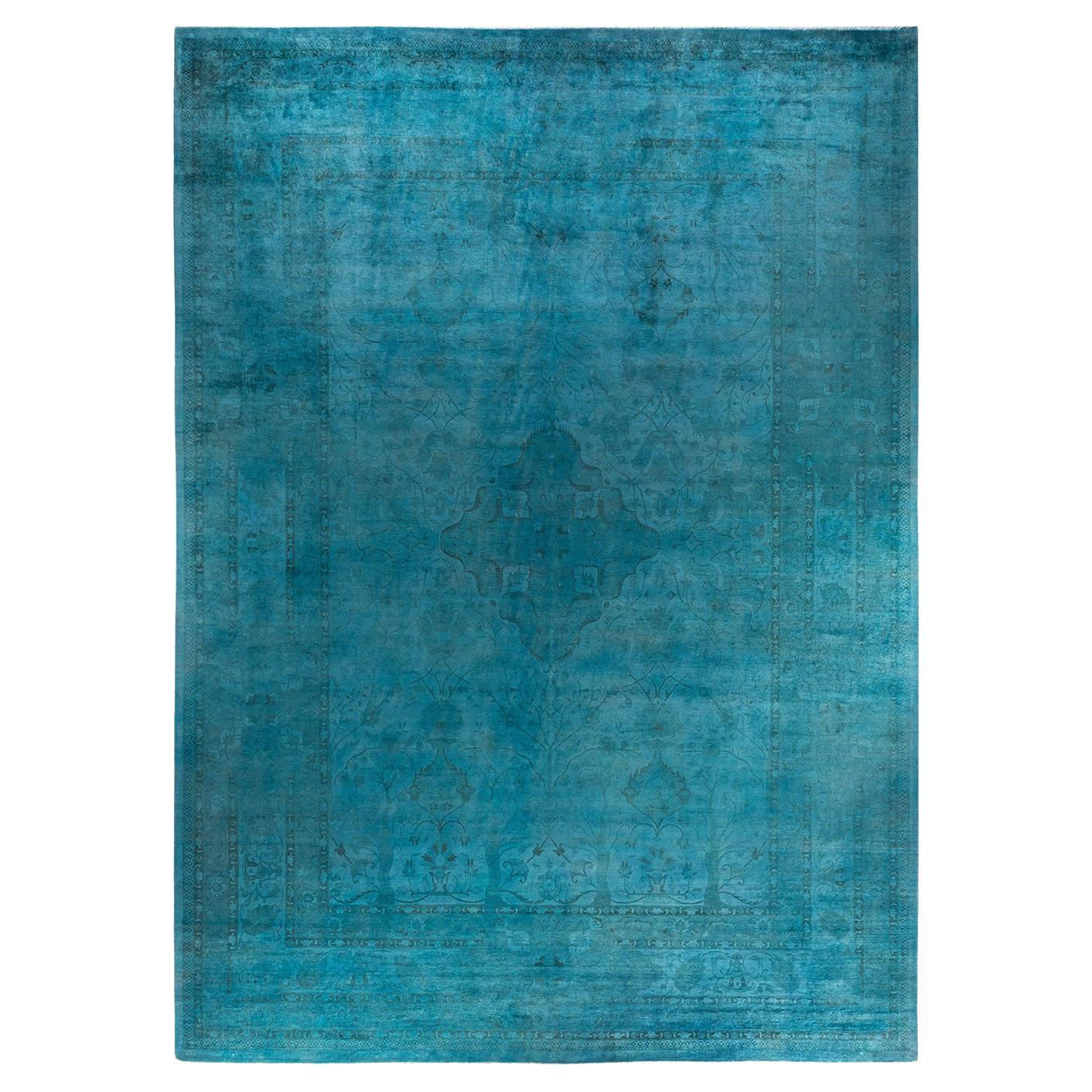 Contemporary Overdyed Hand Knotted Wool Blue Area Rug 12' 4" x 16' 0"