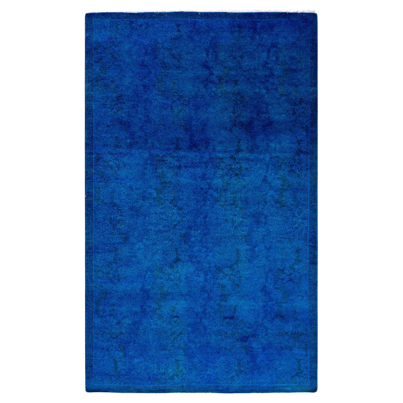 Contemporary Overdyed Hand Knotted Wool Blue Area Rug 3' 1" x 5' 1" For Sale