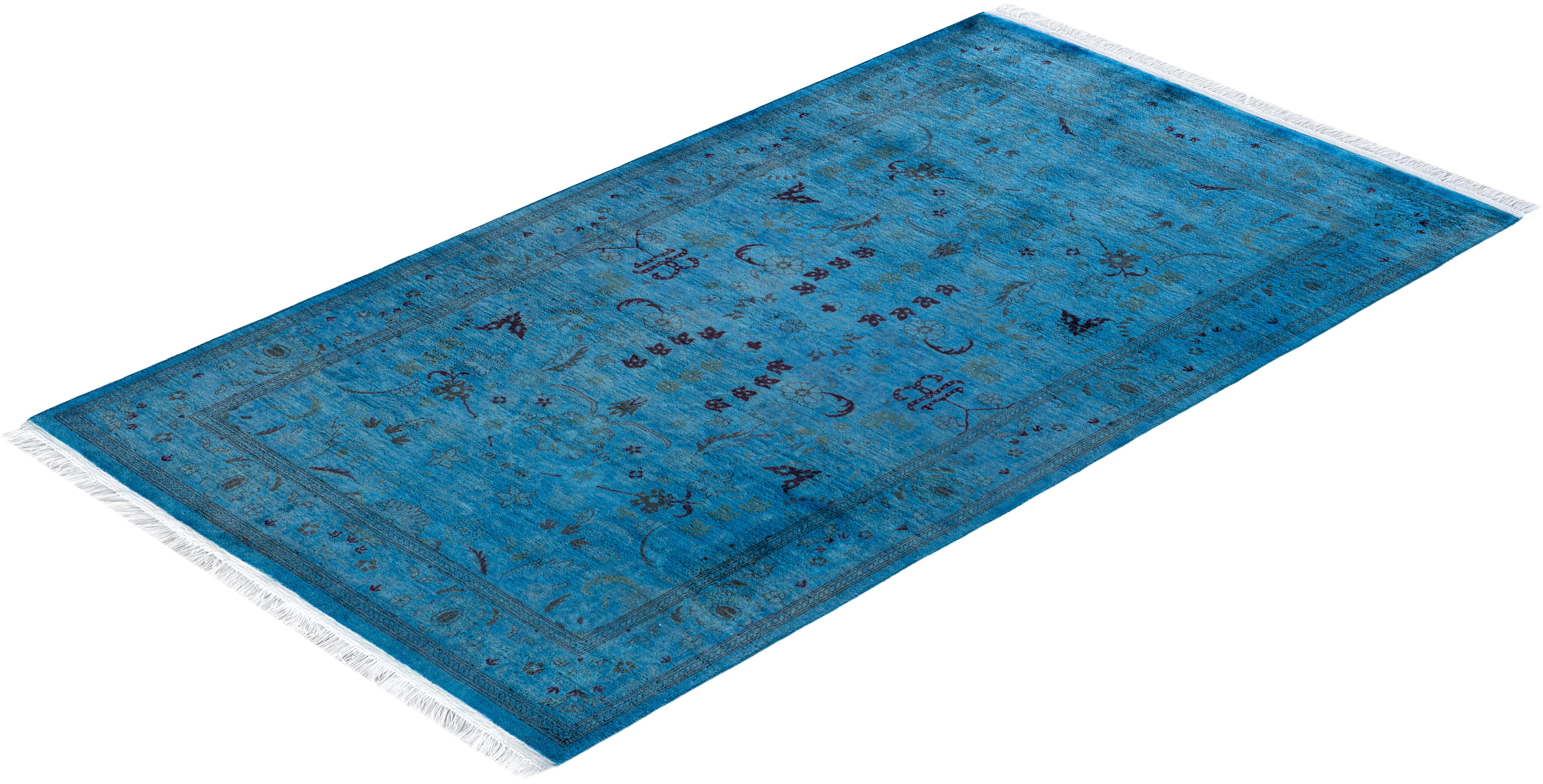 Contemporary Overdyed Hand Knotted Wool Blue Area Rug 3' 1