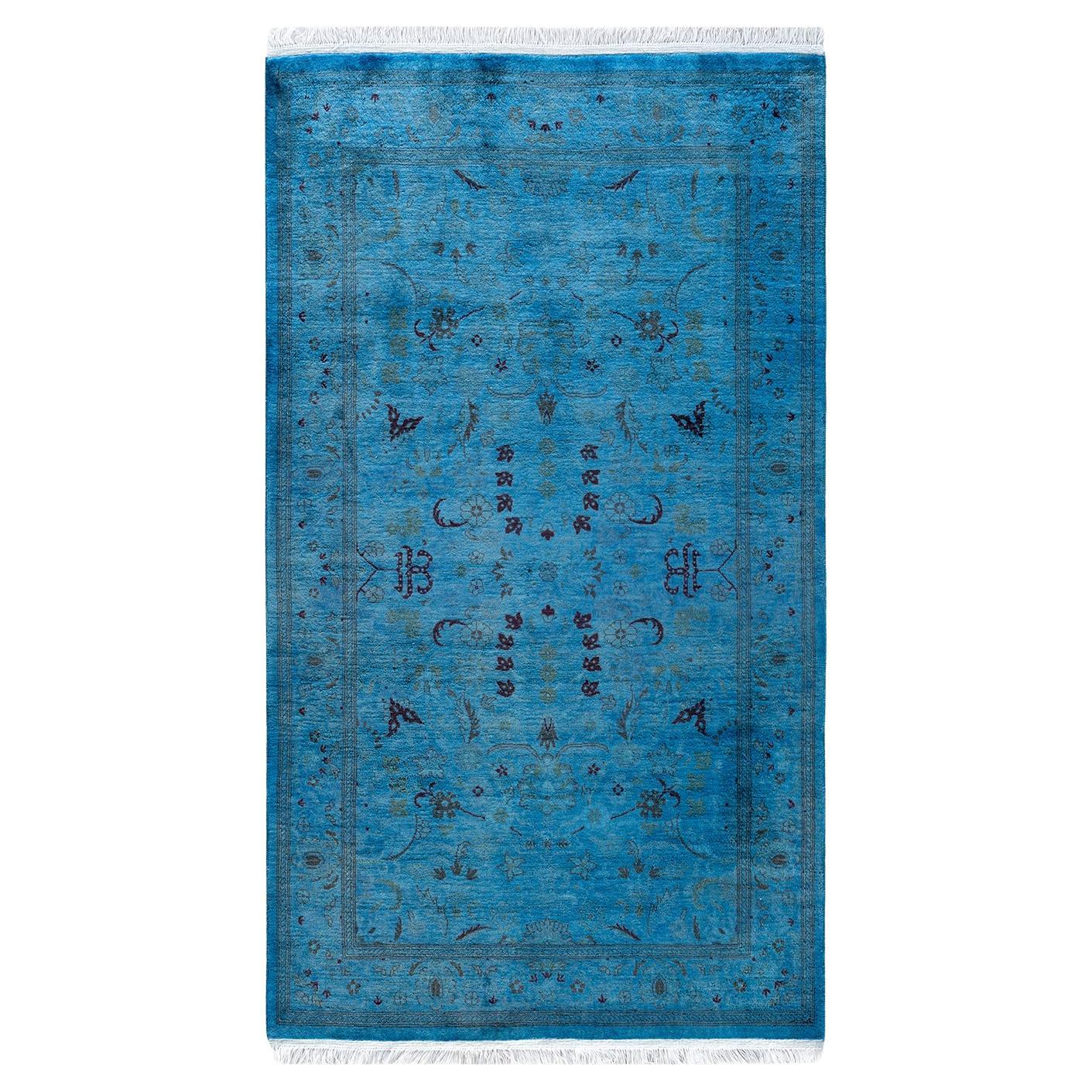 Contemporary Overdyed Hand Knotted Wool Blue Area Rug 3' 1" x 5' 4"