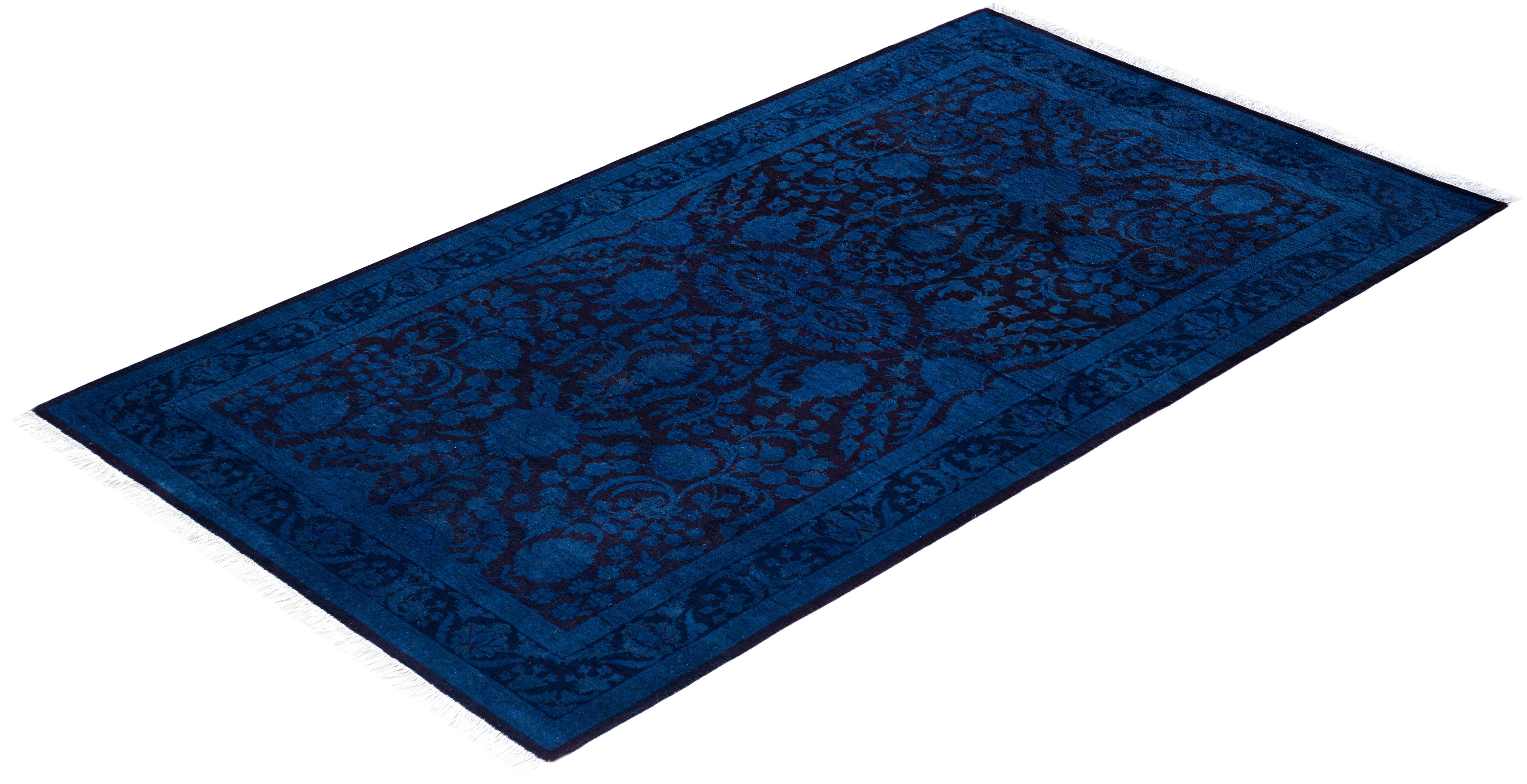 Contemporary Overdyed Hand Knotted Wool Blue Area Rug 3' 1