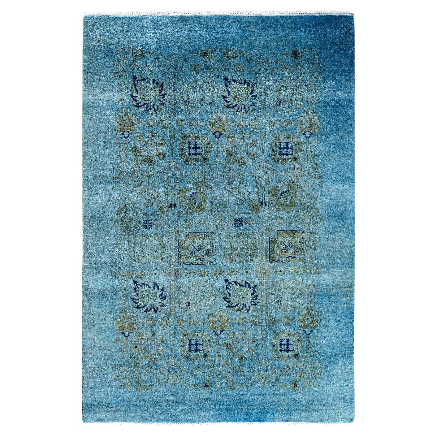 Alfombra de lana teñida a mano contemporánea azul 1,80 x 1,80 m