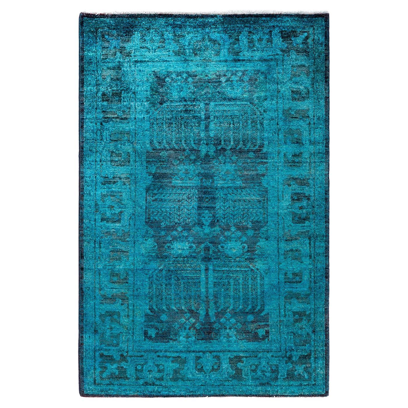 Alfombra de lana teñida a mano contemporánea azul 1,80 x 1,80 cm